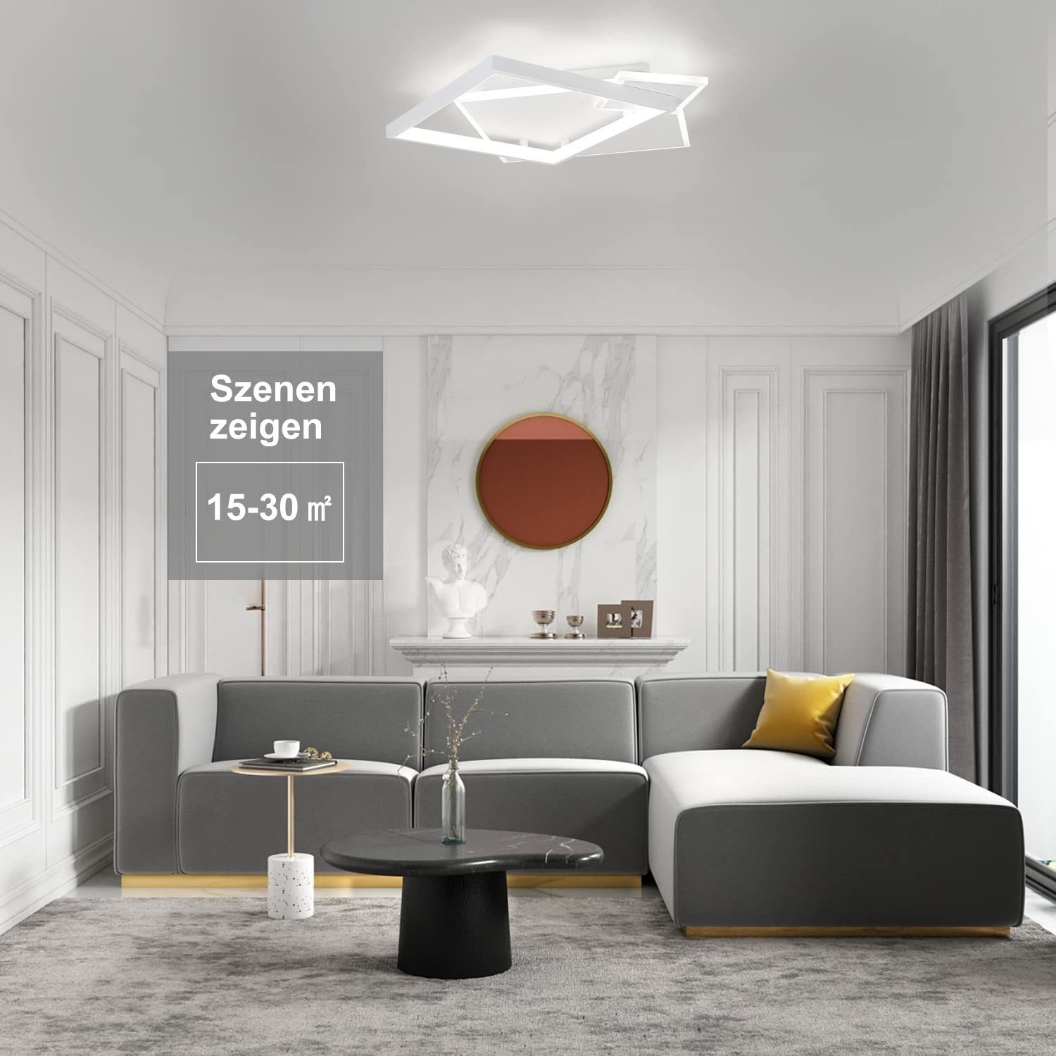 Nowoczesny salon z szarą sofą, okrągłym stolikiem kawowym i białym oświetleniem sufitowym.