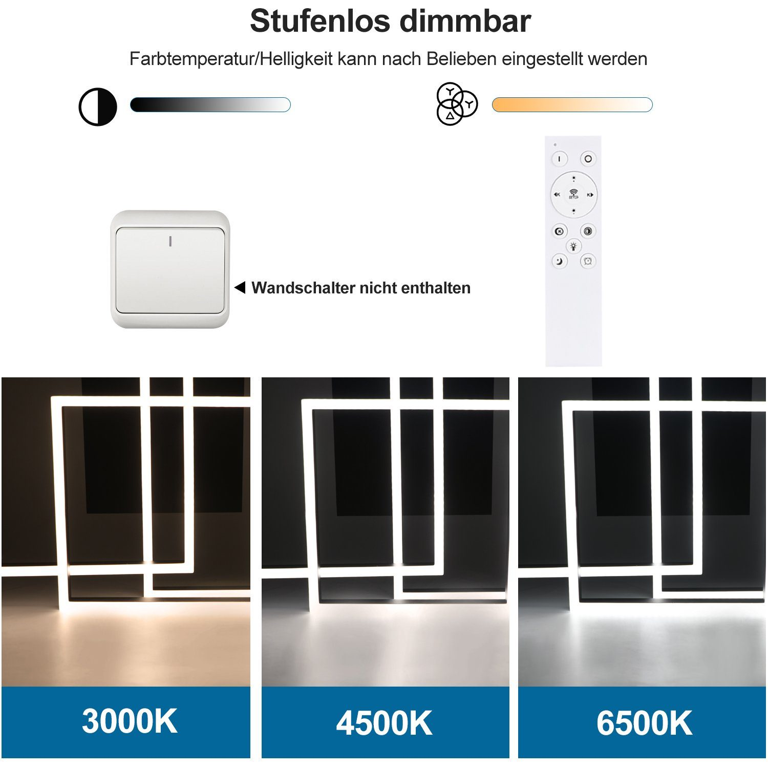 Apparecchi di illuminazione a parete con luminosità e temperatura colore regolabili, mostrati con un telecomando.