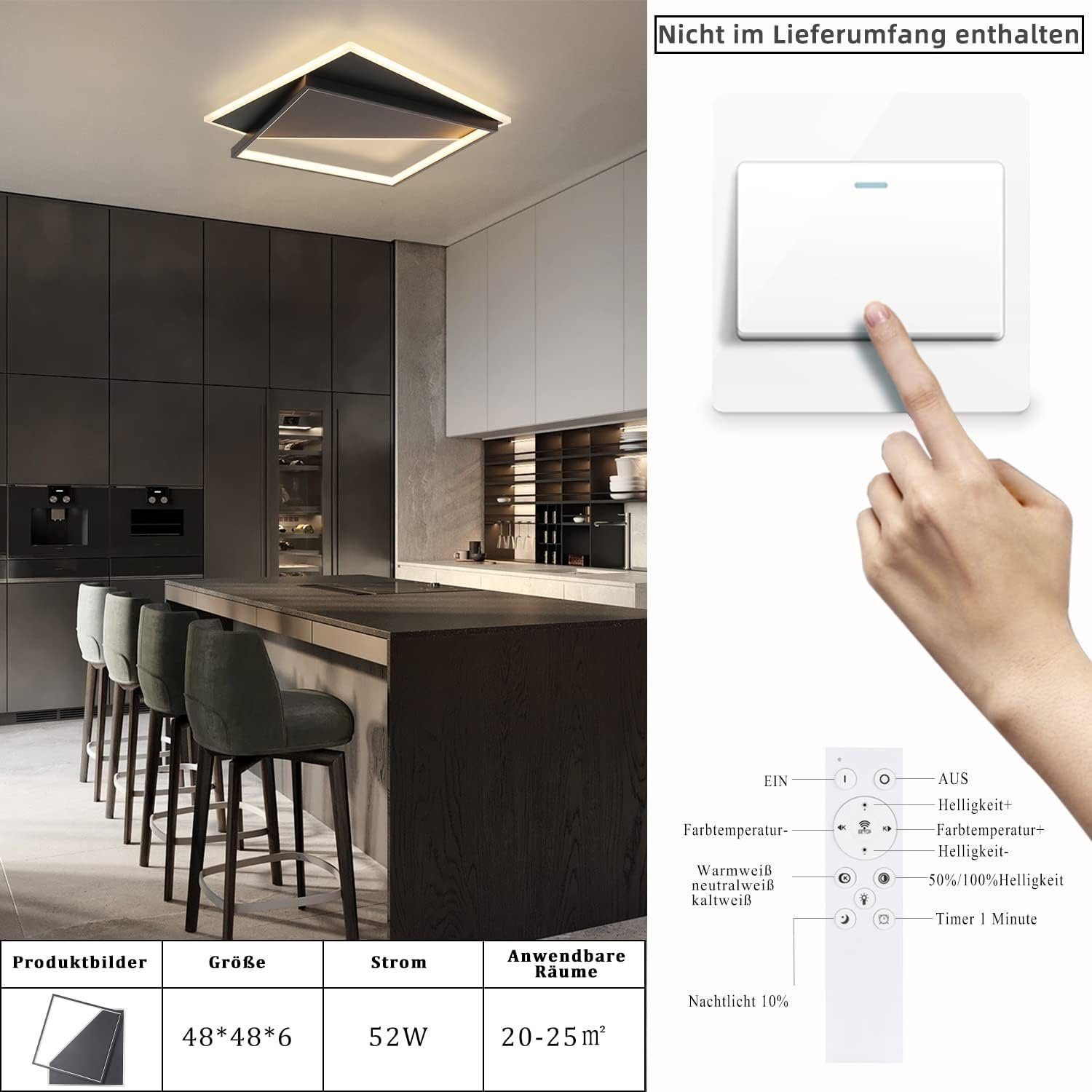 Kuchnia z nowoczesnym oświetleniem. Ręka kobiety wskazuje na włącznik światła. Wyspa z hokerami.