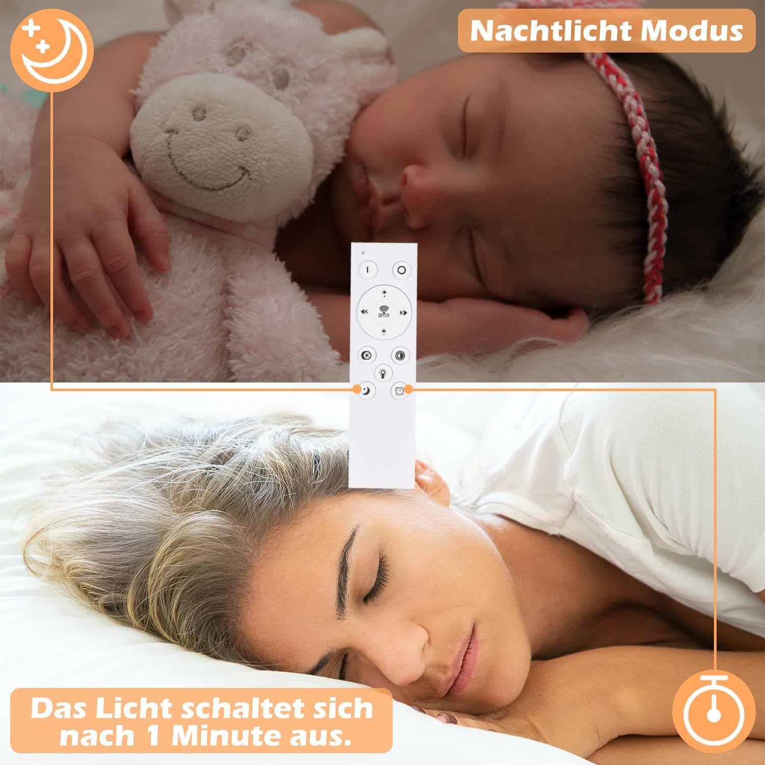 Śpiące dziecko i kobieta z pilotem, z tekstem wskazującym funkcje światła.