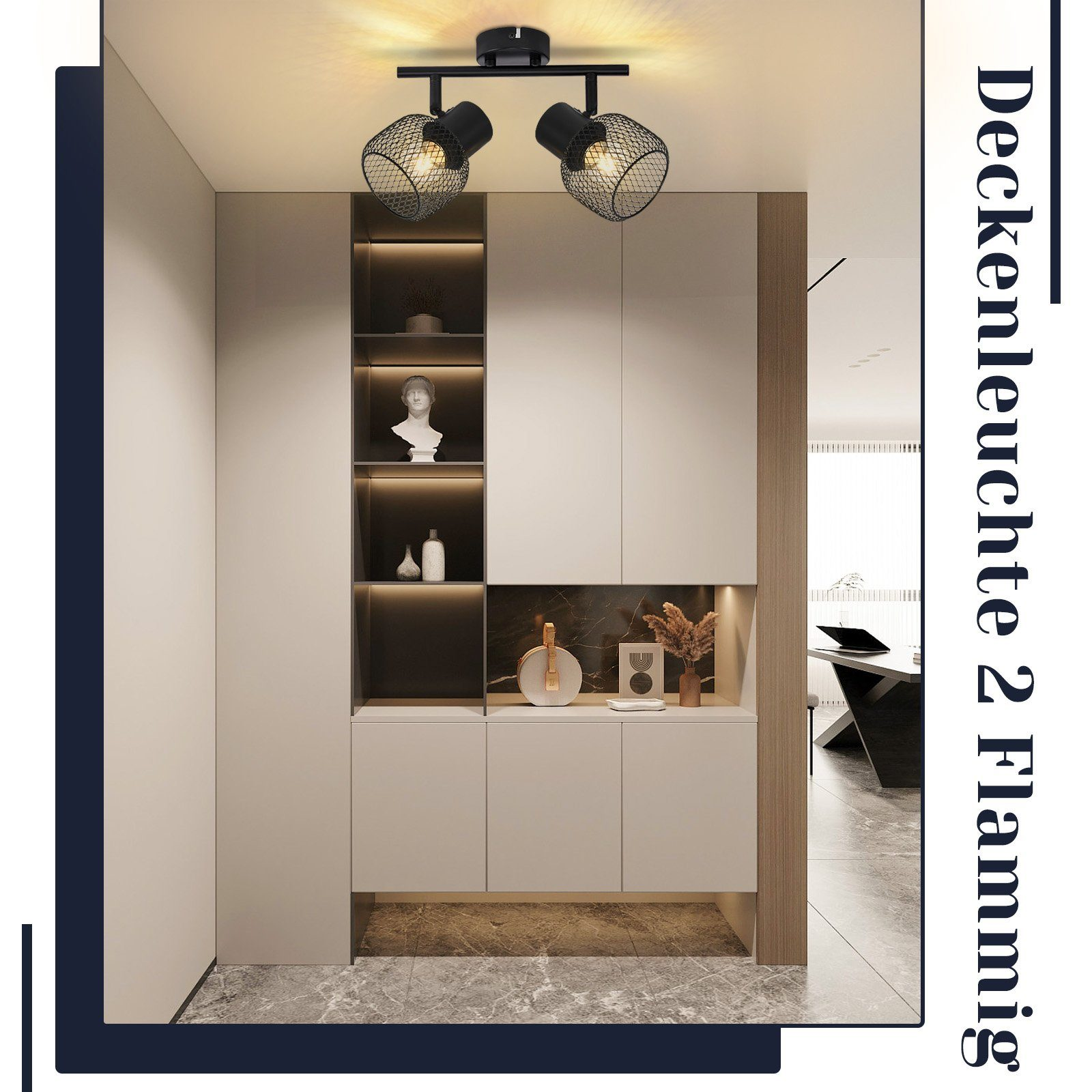 Dwa reflektory w pokoju. W tle szafka, posąg i drzwi.