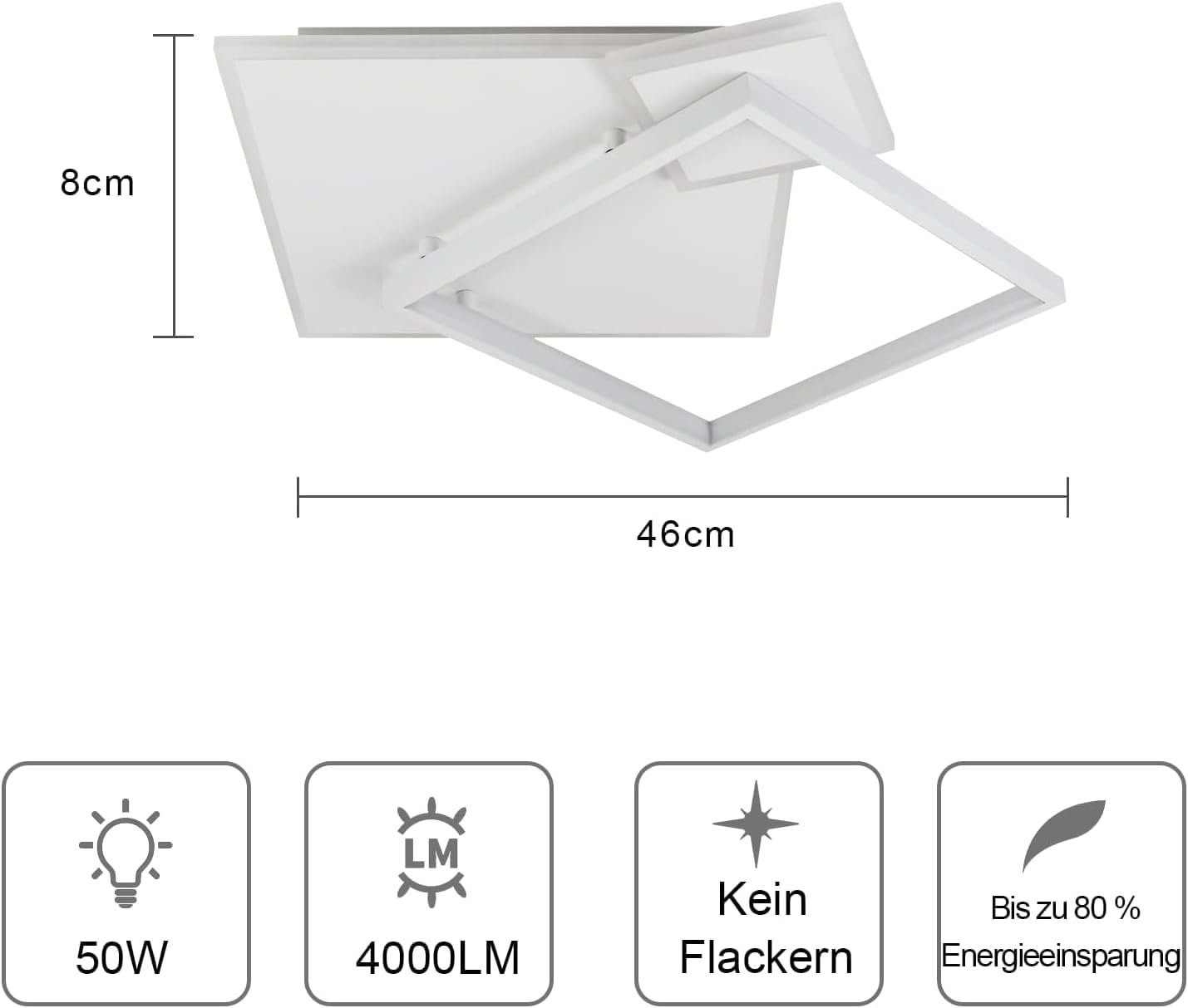 Biała lampa sufitowa z wymiarami i ikonami. Ma wymiary 46 cm x 8 cm. Ikony: 50W, 4000LM, bez migotania, 80% oszczędności energii.