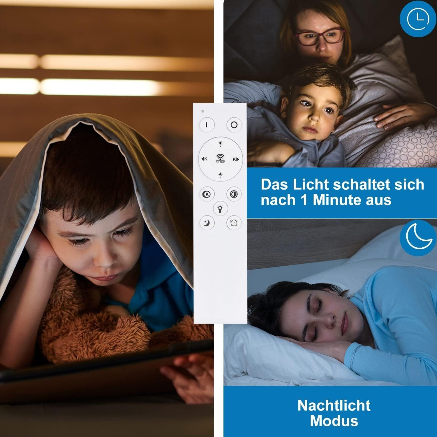 Chłopiec w łóżku z tabletem. Kobieta i dziecko w łóżku. Pilot z symbolami.