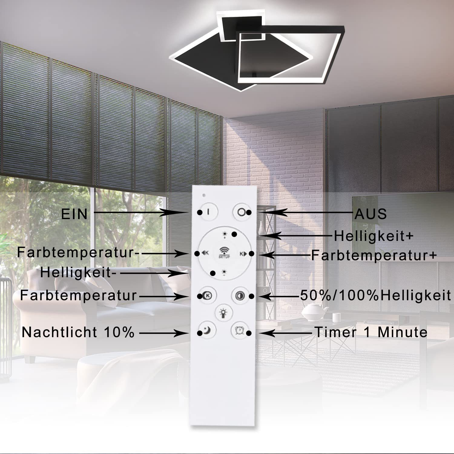 Biały pilot z przyciskami, używany do sterowania lampą sufitową. W salonie.