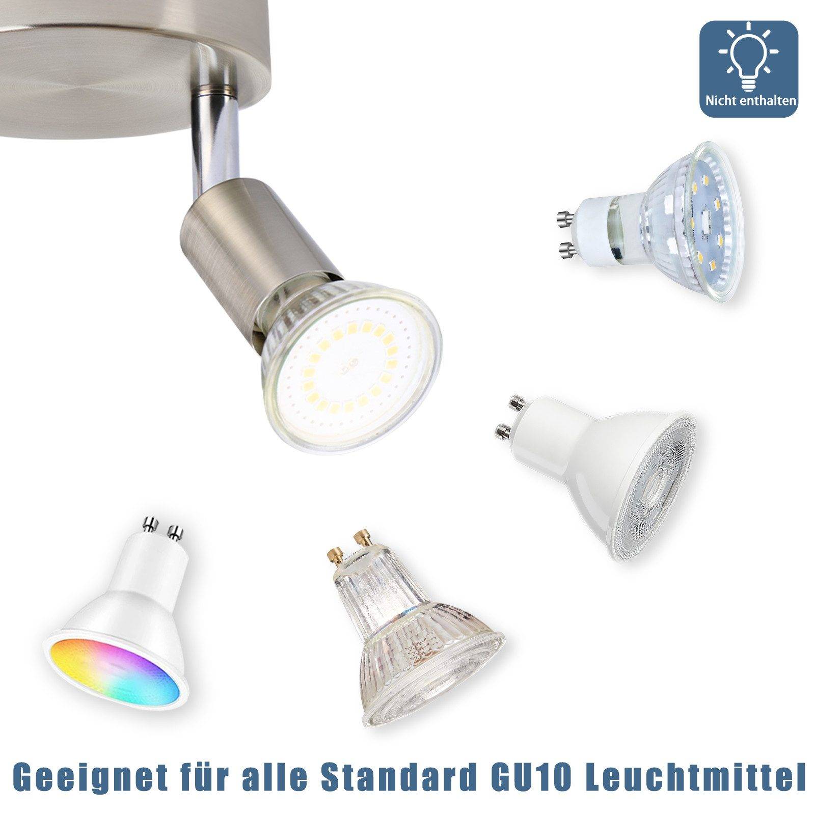Diverse lampadine GU10, alcune accese, vari design, su sfondo bianco.