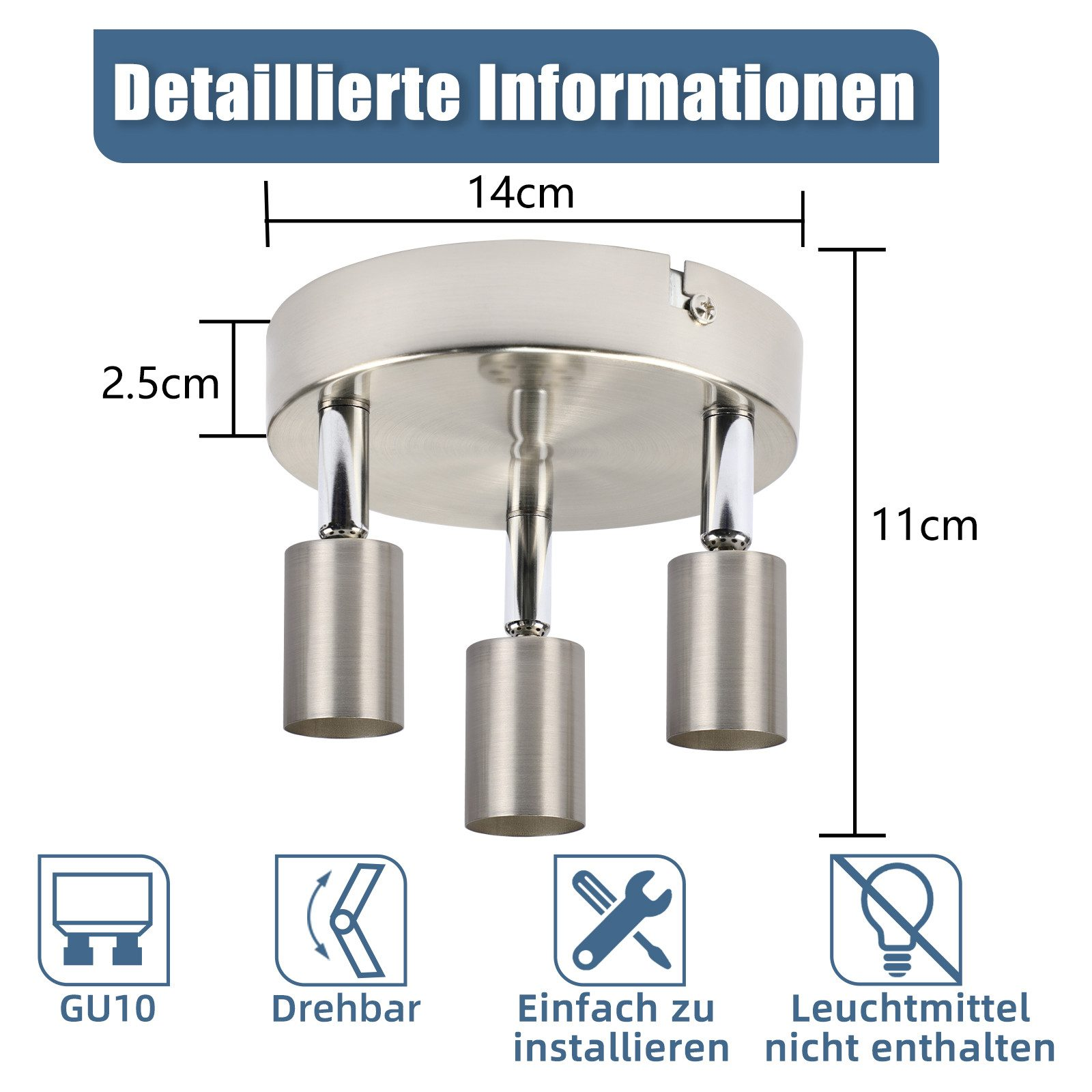 Schema di un apparecchio per illuminazione a soffitto con dimensioni e icone per funzioni come GU10, regolabile, facile installazione.