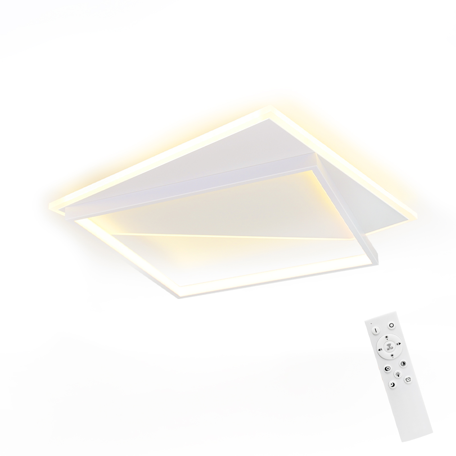 Biała lampa sufitowa o kwadratowym kształcie i pilocie. Światło jest włączone.