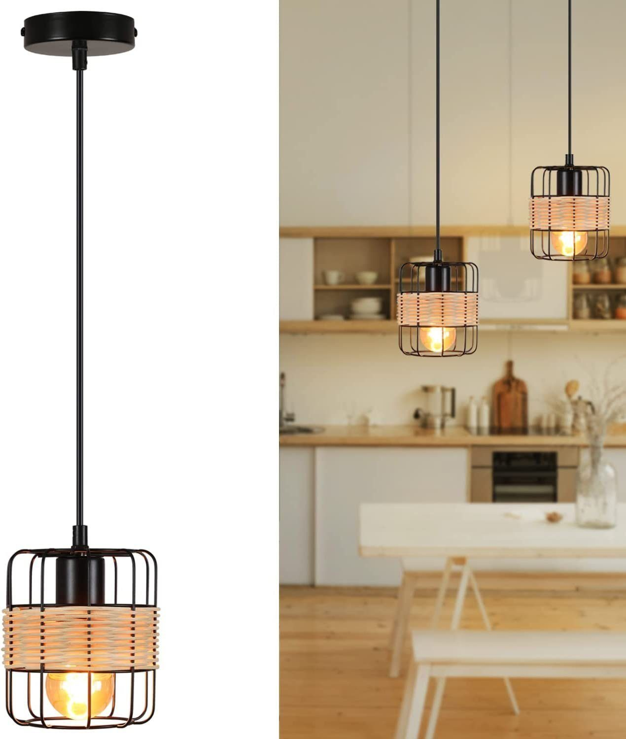 Dwie lampy wiszące z czarną ramą i tkanym abażurem. Światła znajdują się w otoczeniu kuchni.