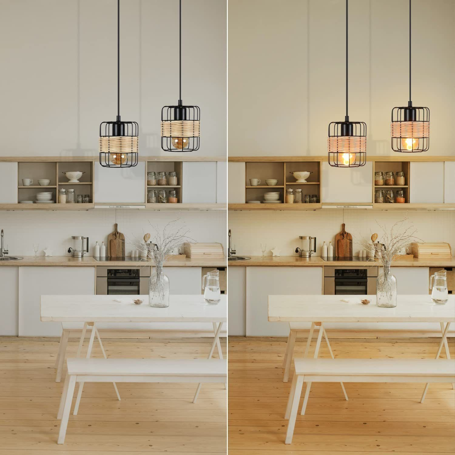 Dwa widoki kuchni z lampami wiszącymi. Prawy obraz ma cieplejsze oświetlenie.