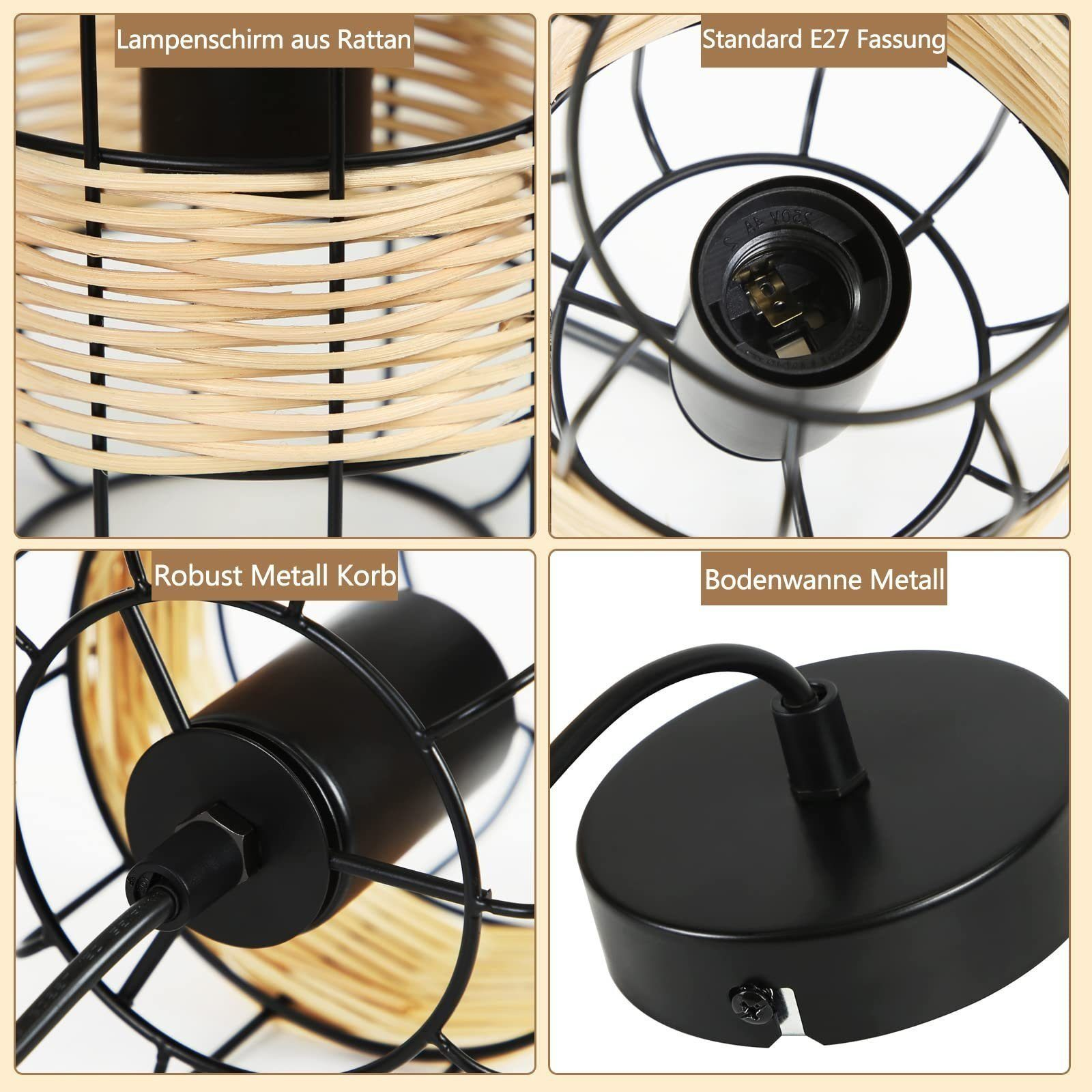 Zbliżenia lampy: klosz z rattanu, czarna metalowa rama i szczegóły podstawy.