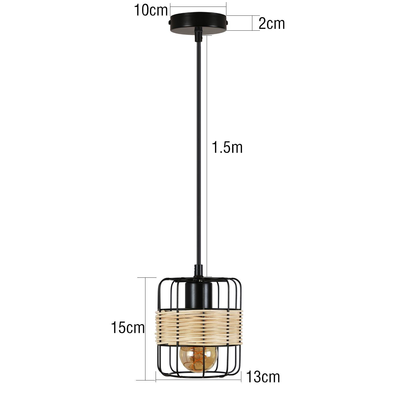 Czarna lampa wisząca z kloszem w kształcie klatki, plecionym wzorem i żarówką.
