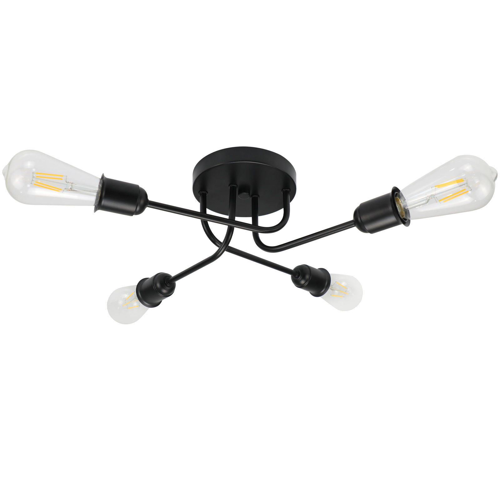 Czarna lampa sufitowa z czterema żarówkami Edisona, białe tło.