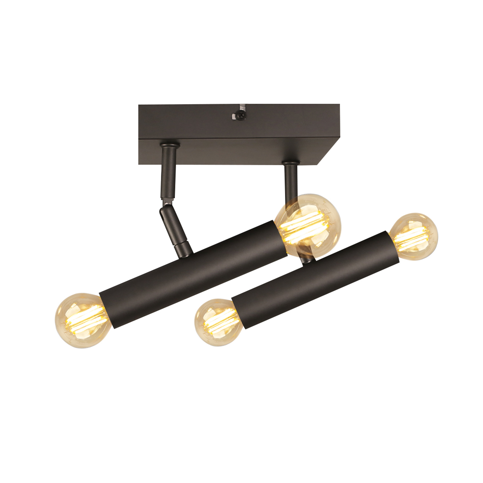 Czarna lampa sufitowa z trzema oprawami i prostokątną podstawą, białe tło.