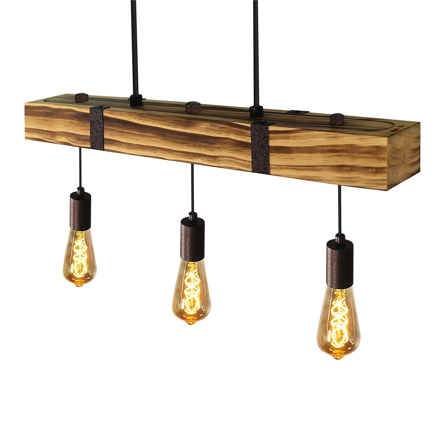 Lampada a sospensione con trave in legno e tre lampadine Edison. Supporto nero.