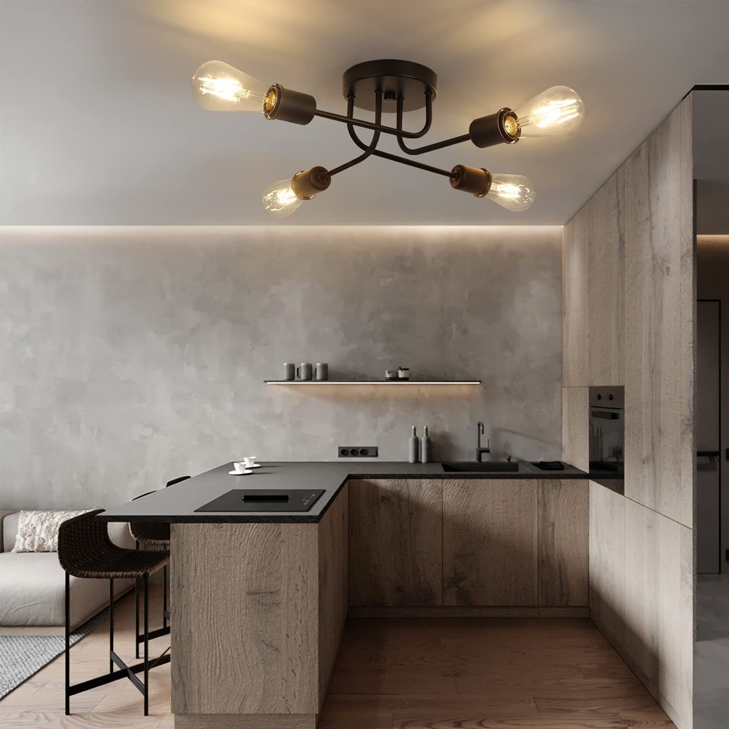 Nowoczesna kuchnia z lampą sufitową z pięcioma żarówkami.