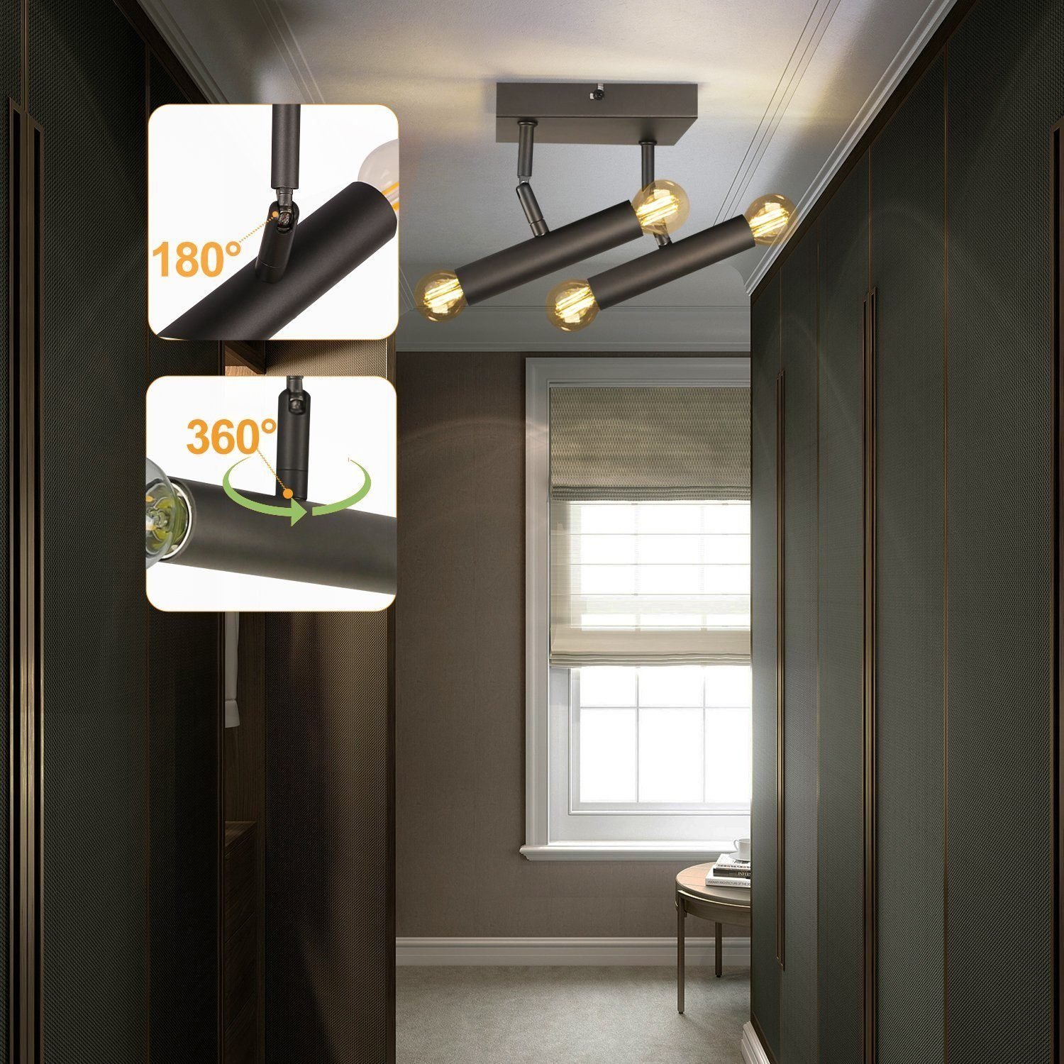 Korytarz z oświetleniem szynowym. Światła mogą obracać się o 180 i 360 stopni. Ciemne panele i drzwi.