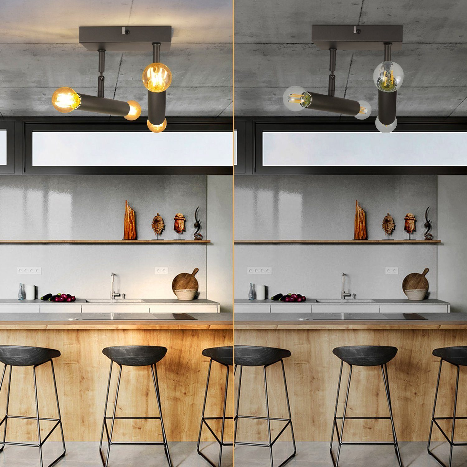 Scena kuchenna z oświetleniem szynowym pokazująca różne temperatury barwowe.