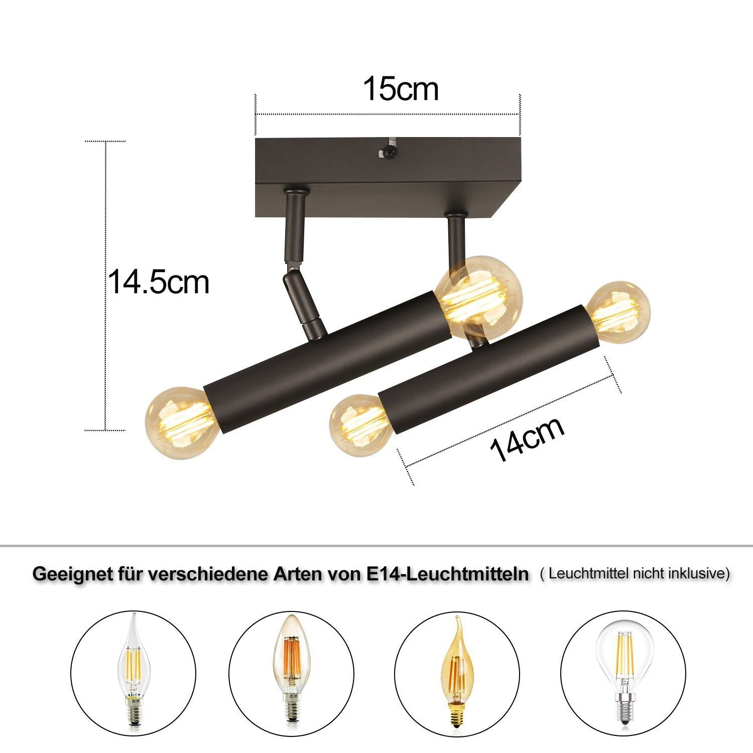 Oprawa sufitowa z trzema żarówkami i wymiarami oraz przykładowe opcje żarówek.