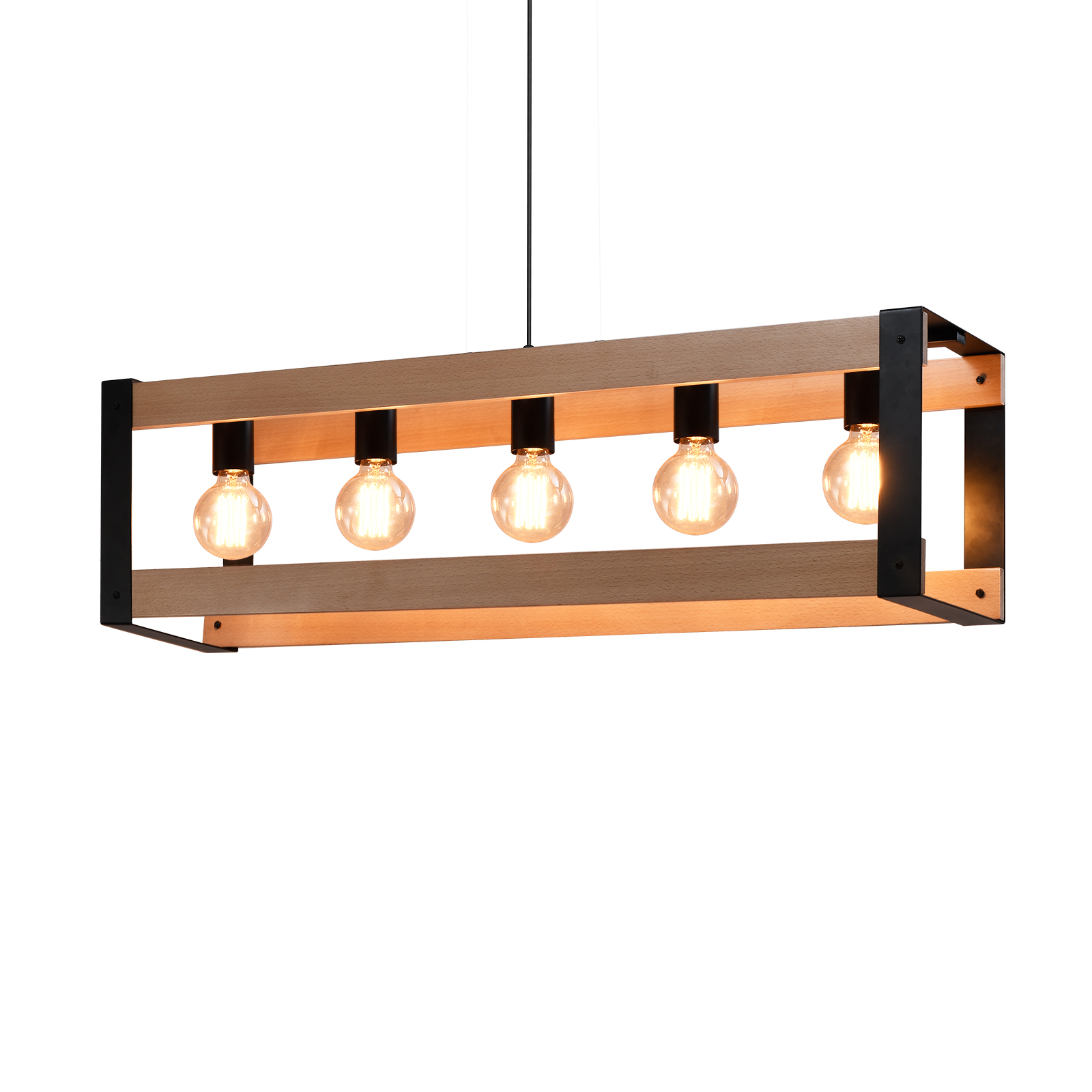 Prostokątna drewniana lampa z pięcioma wiszącymi żarówkami.