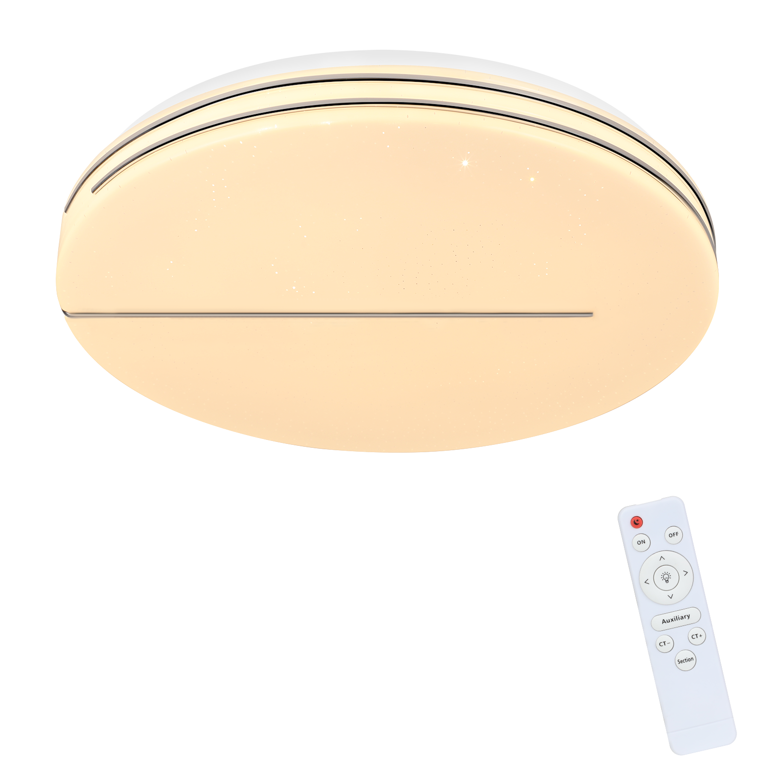 Owalna lampa sufitowa z pilotem. Jest biała i emituje ciepłą poświatę.