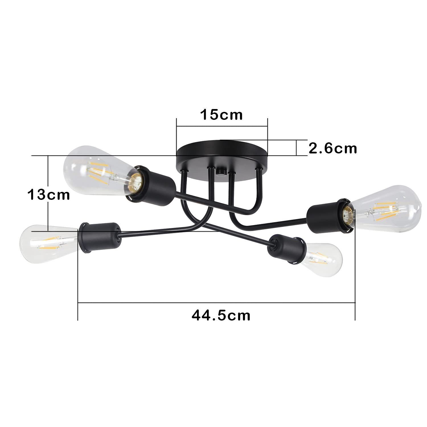 Czarna, czterolampowa lampa sufitowa z wymiarami.