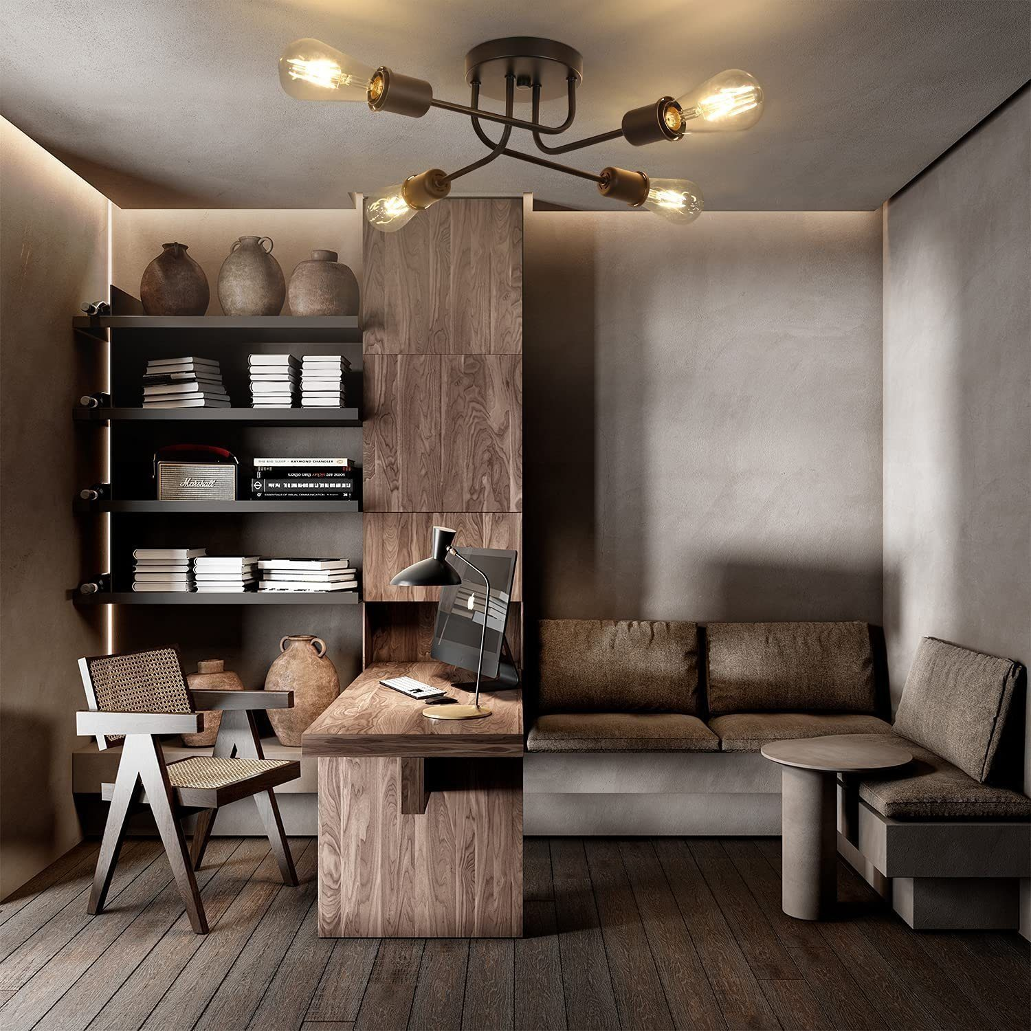 Nowoczesne domowe biuro z lampą sufitową. Światło to wieloramienne mocowanie z żarówkami Edisona.