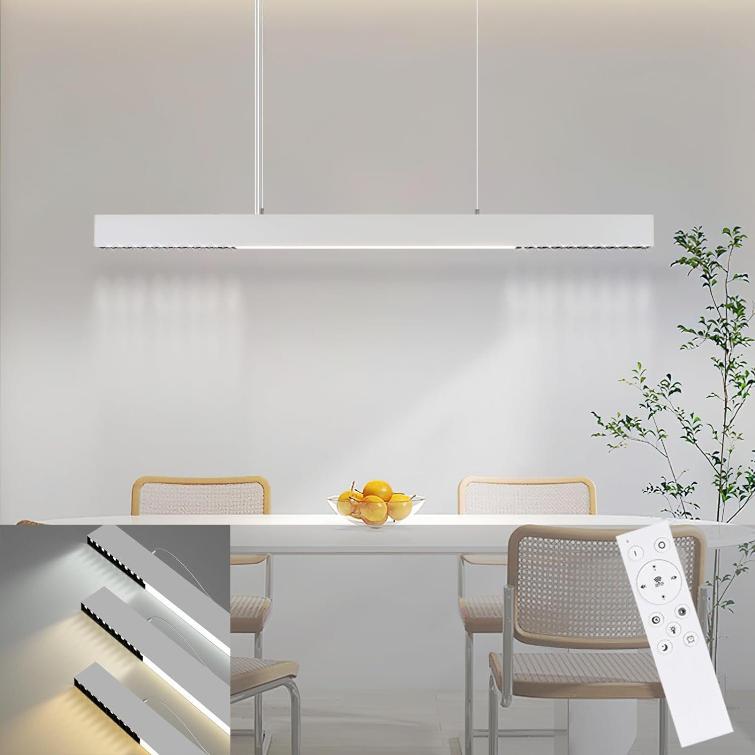 Modernes Esszimmer mit weißer Deckenleuchte, Tisch, Stühlen und Fernbedienung.