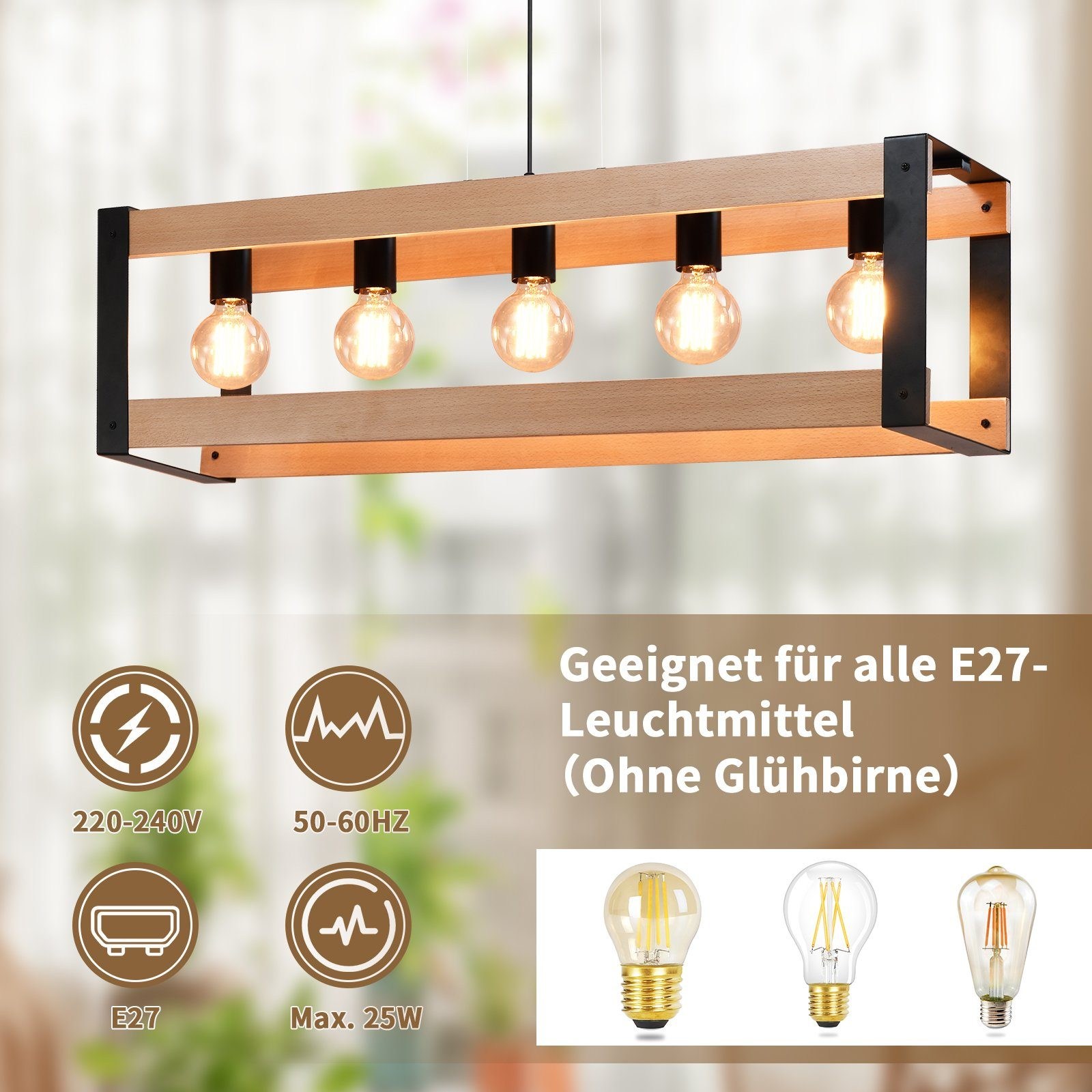 Drewniana oprawa oświetleniowa z pięcioma odsłoniętymi żarówkami, z etykietami specyfikacji elektrycznych.