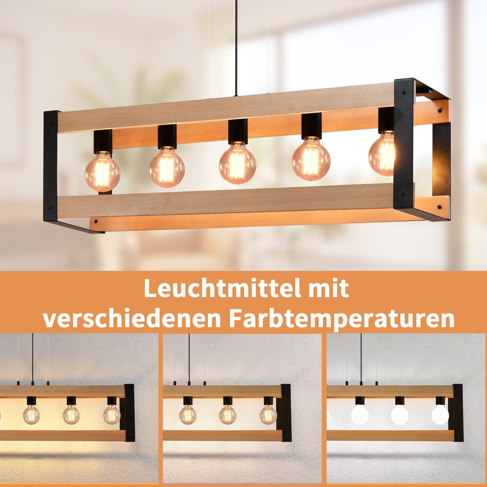 Oprawa oświetleniowa z pięcioma żarówkami, z różnymi opcjami temperatury barwowej.
