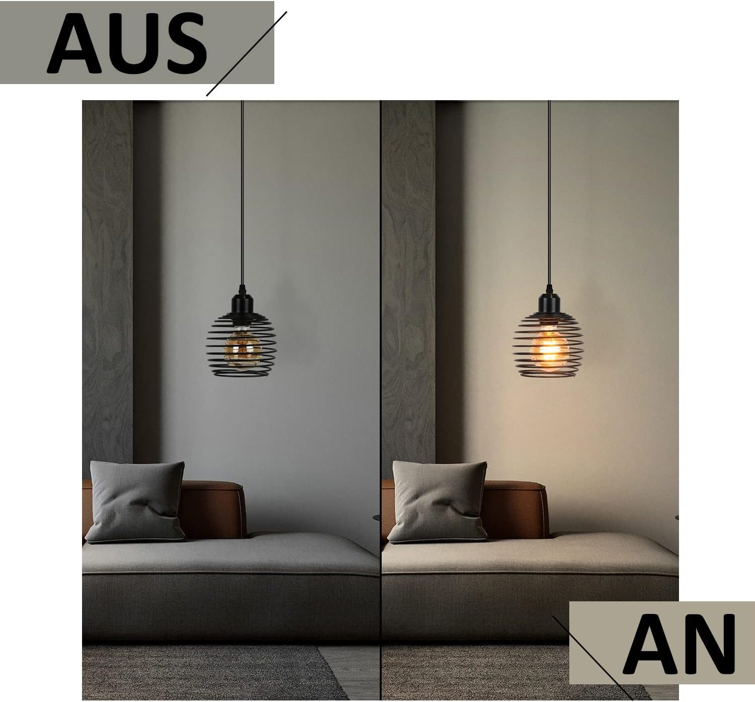 Lampa wisząca jest pokazana włączona i wyłączona. Wisi nad kanapą. Światło ma drucianą klatkę.