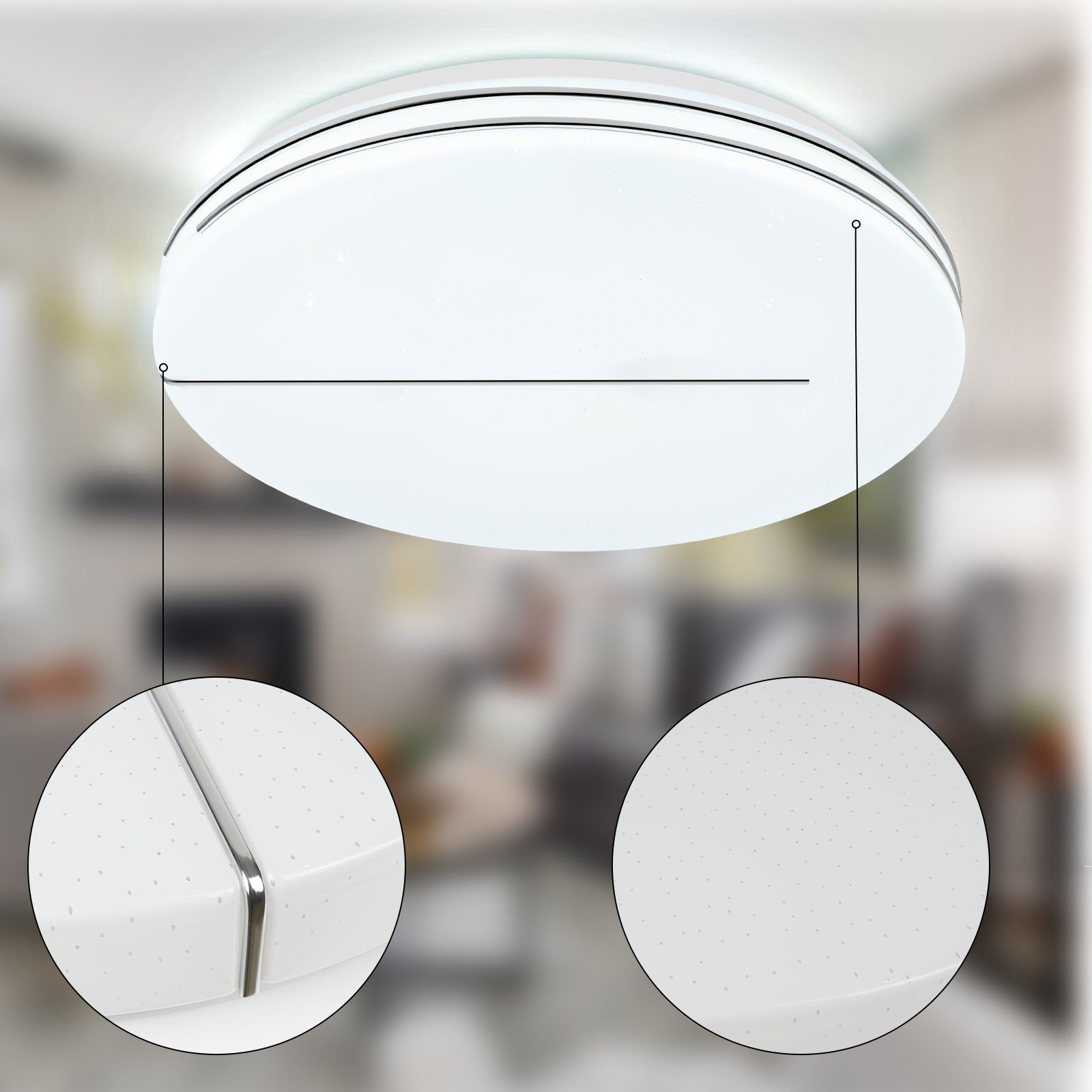 Biała lampa sufitowa ze szczegółowymi zbliżeniami na powierzchnię i krawędzie.