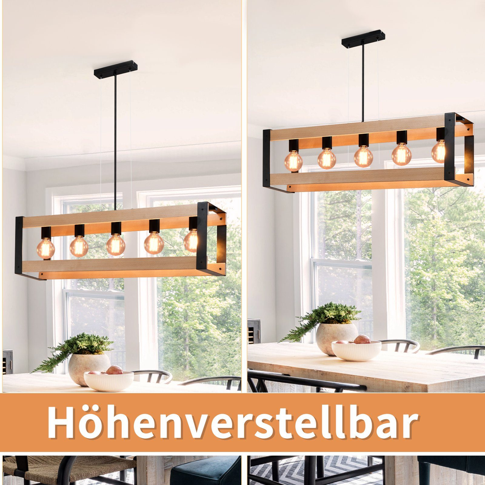 Lampa wisząca z drewnianej belki z sześcioma żarówkami. Lampa jest regulowana na wysokość, w dwóch pozycjach.