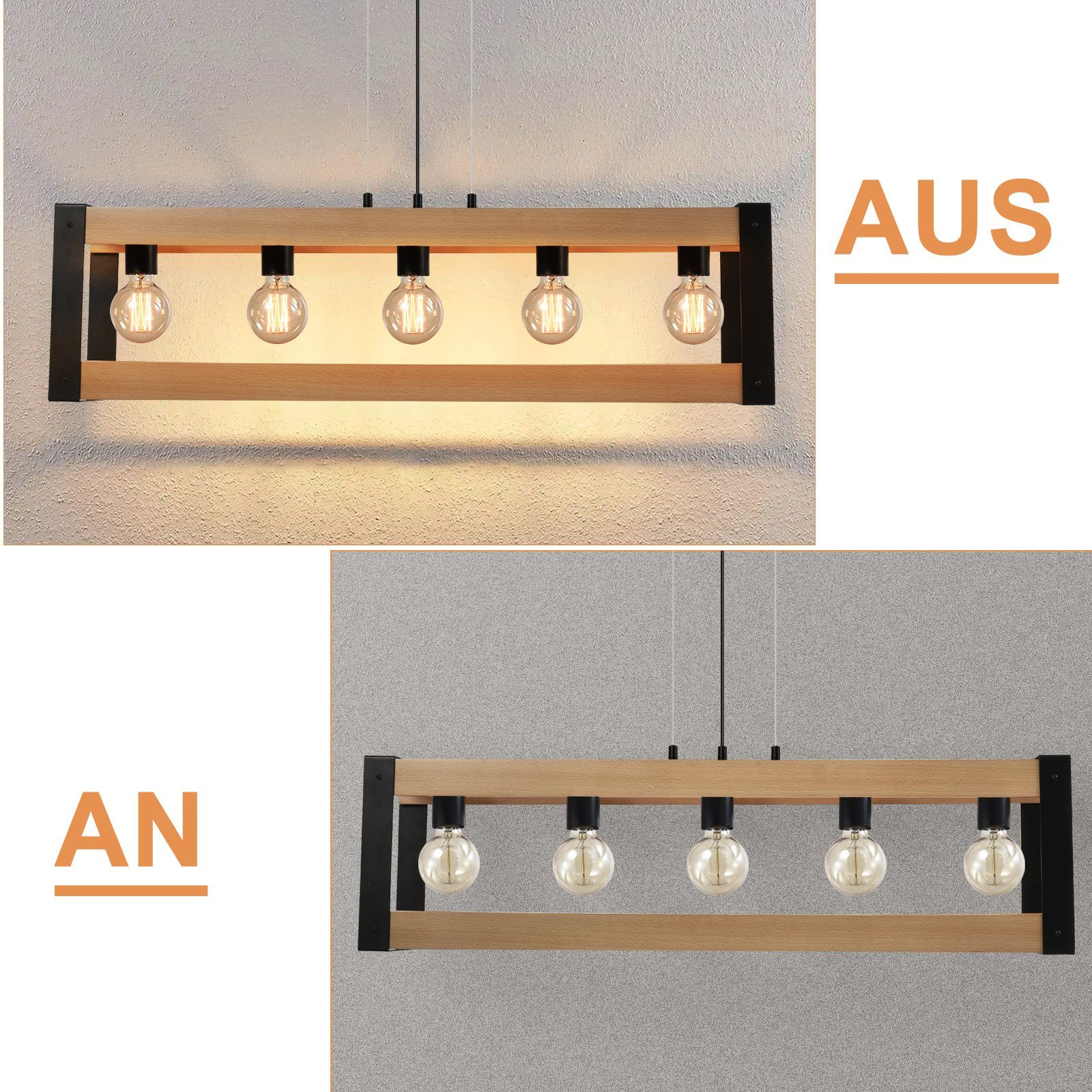 Dwa obrazy przedstawiają prostokątną drewnianą lampę. Pierwsza jest wyłączona, druga włączona. Oba mają 5 żarówek.