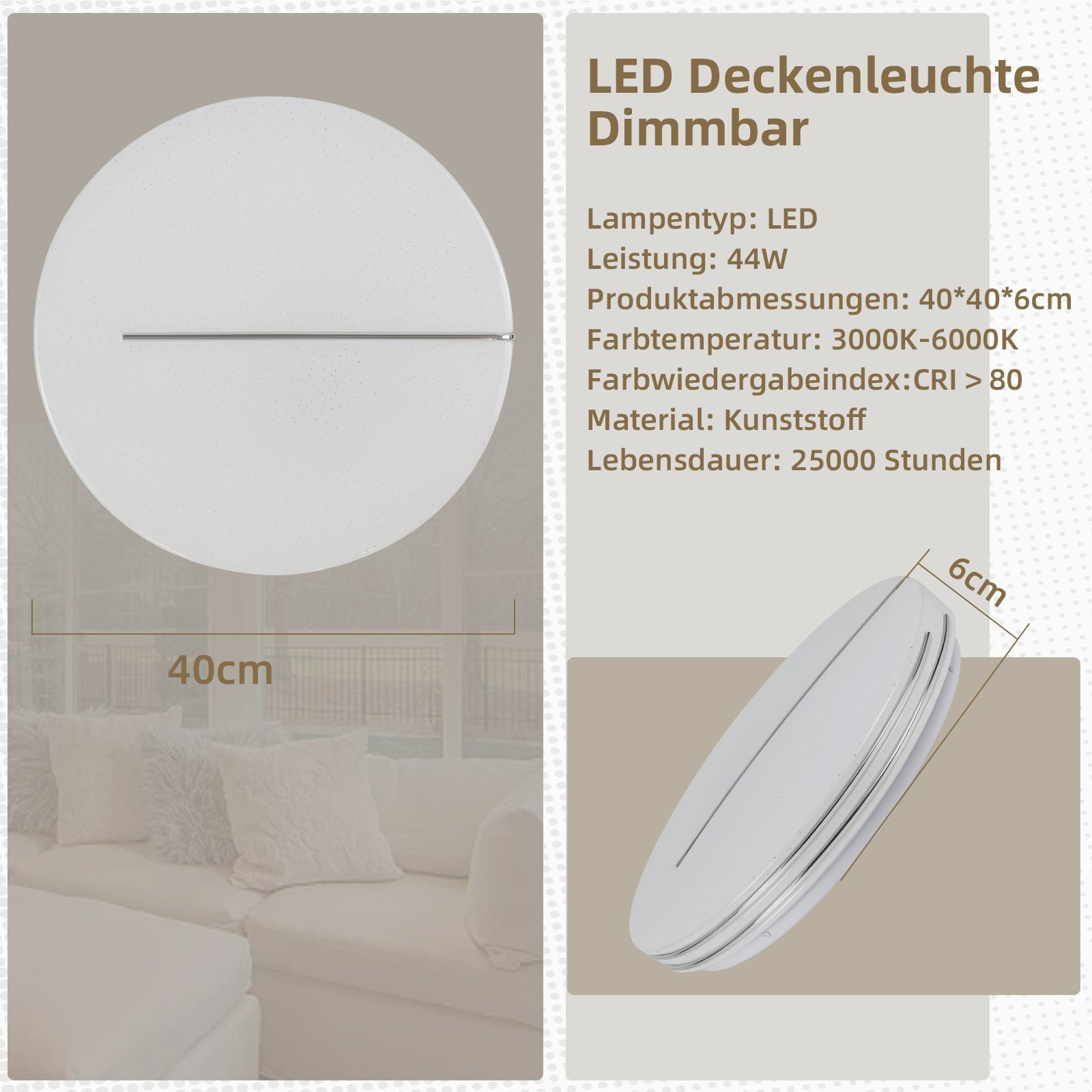 Una luz de techo LED circular con dimensiones. El texto muestra información del producto y medidas.