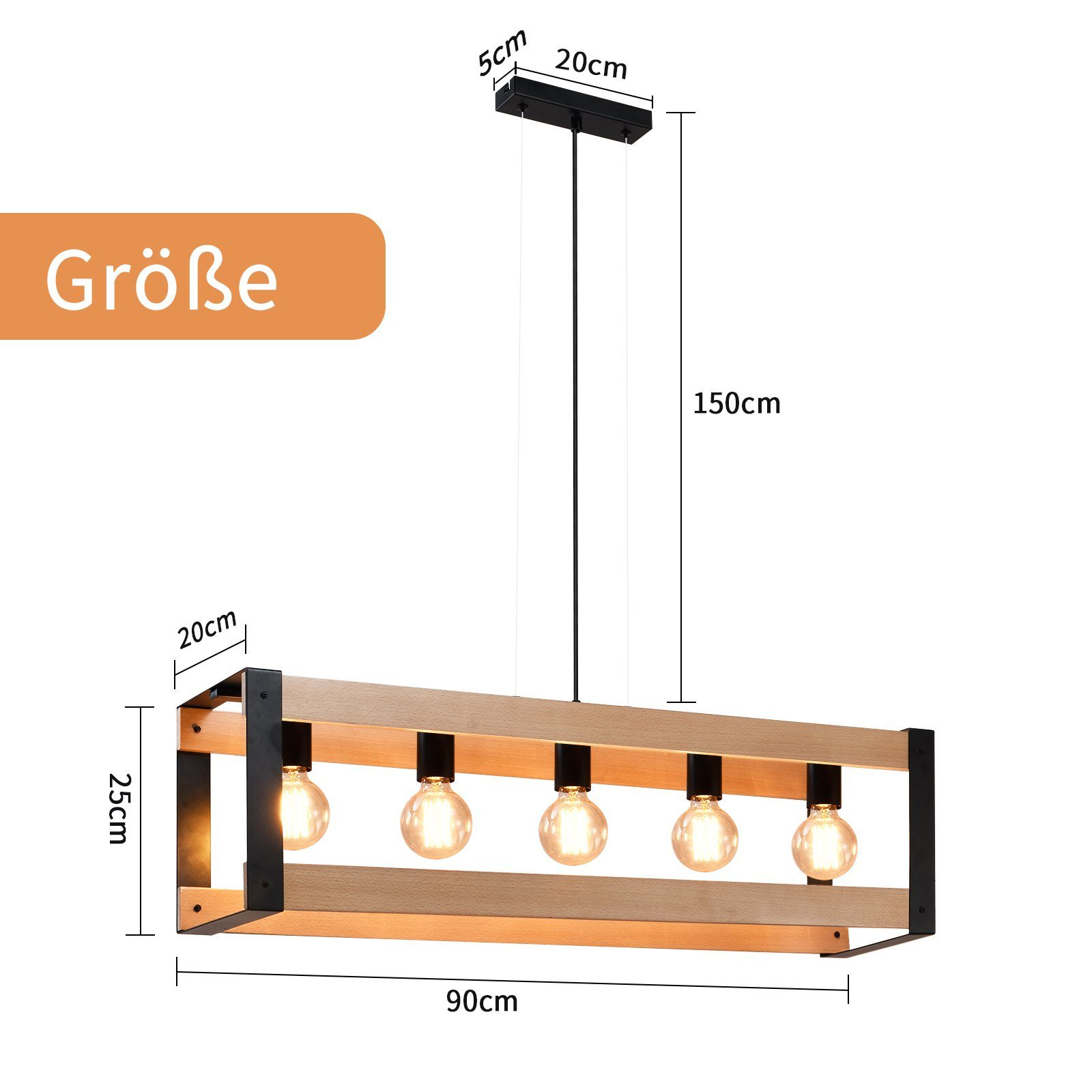 Drewniana prostokątna lampa wisząca z pięcioma żarówkami. Wymiary są pokazane. Światło jest czarne i w kolorze drewna.
