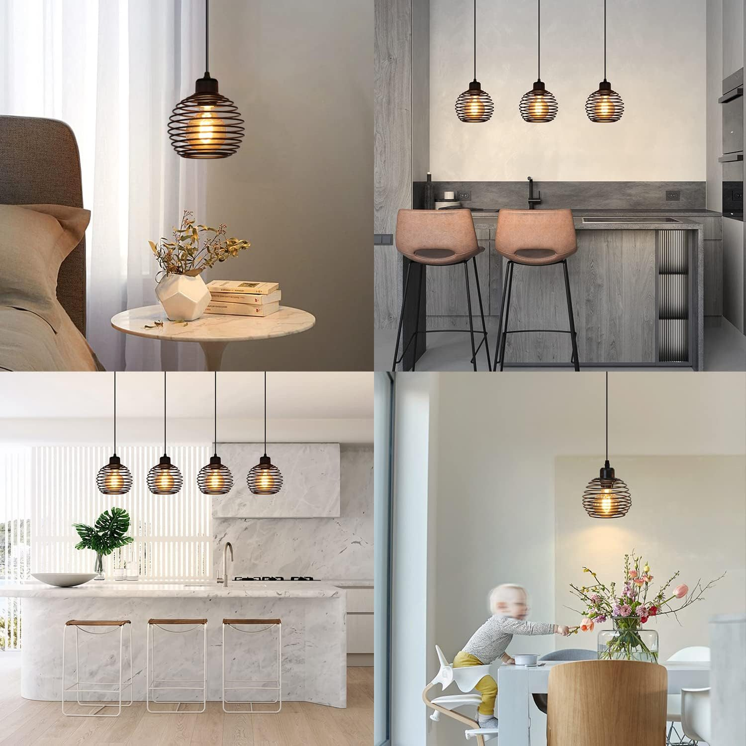 Wiele zdjęć lamp wiszących w różnych ustawieniach. Lampy to druciane kule z żarówką.