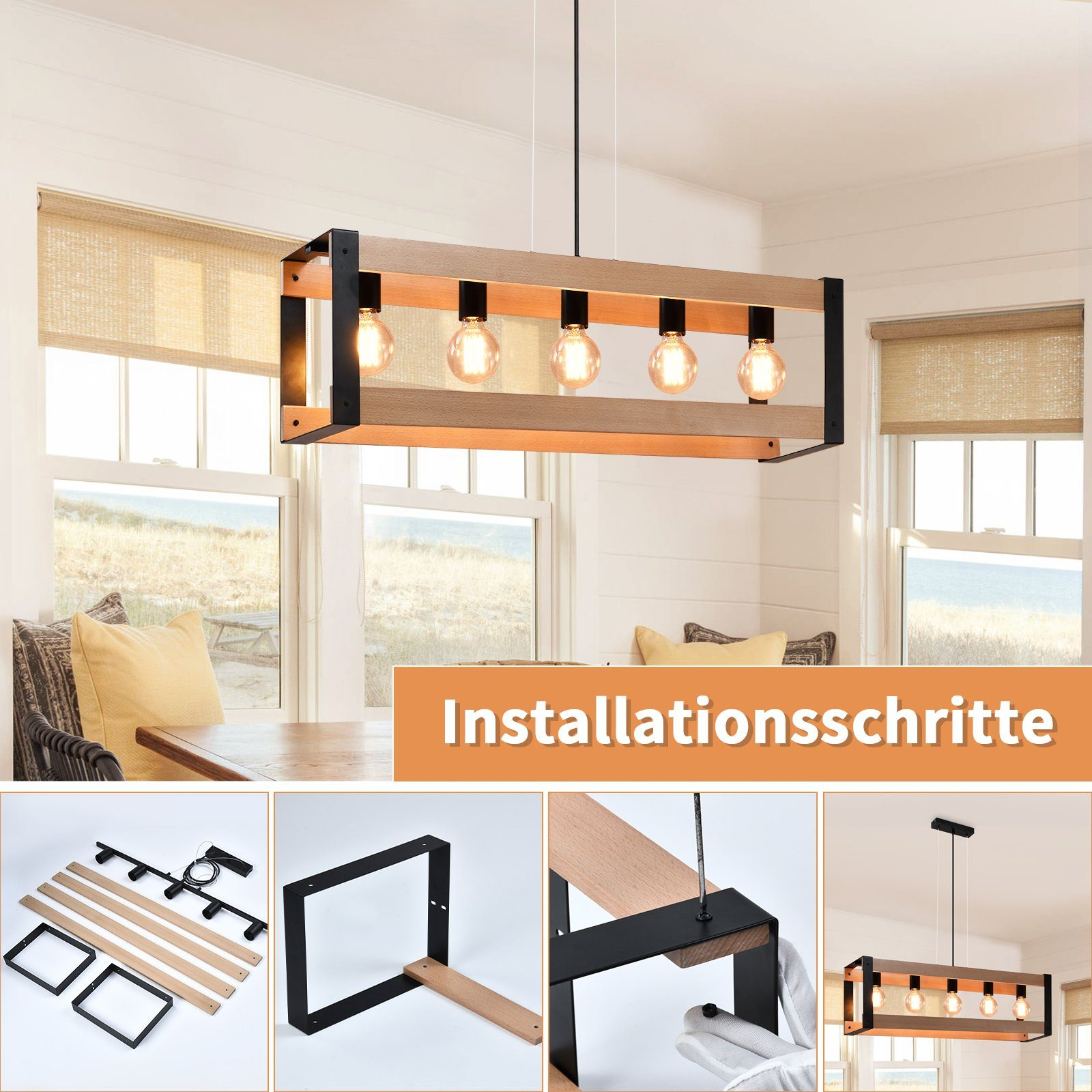 Kroki instalacji prostokątnej oprawy oświetleniowej. Pokazano komponenty i zmontowany produkt.