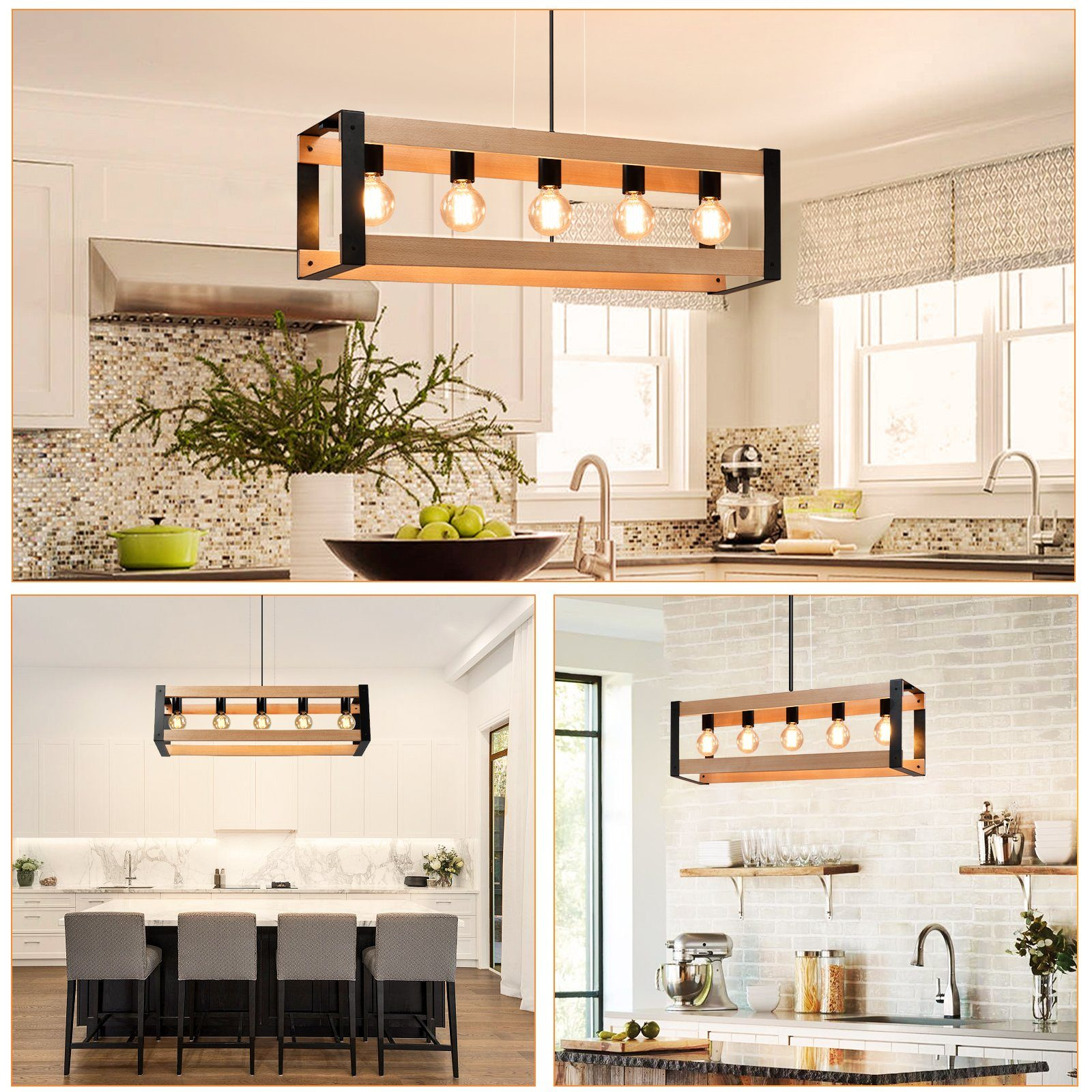 Oprawa oświetleniowa kuchenna. Drewniana belka z 5 żarówkami, czarne ramy. Wiele widoków.
