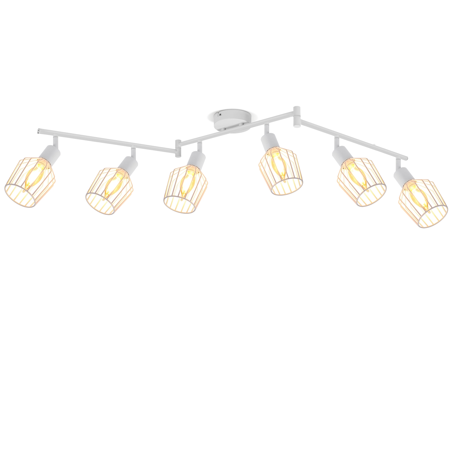 Un apparecchio per illuminazione a soffitto bianco con sei faretti regolabili.