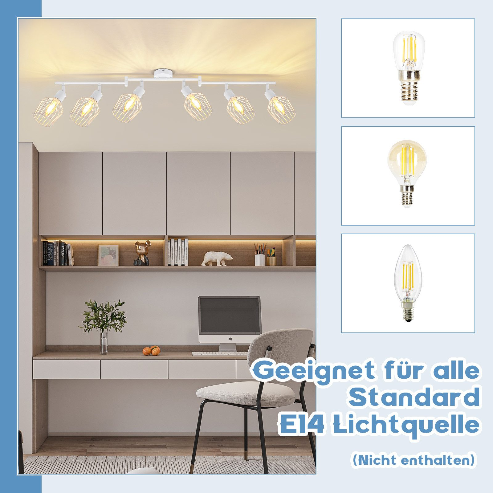 Un'immagine mostra un sistema di illuminazione a binario con varie lampadine. Il testo 'Geeignet für alle Standard E14 Lichtquelle' è in basso.