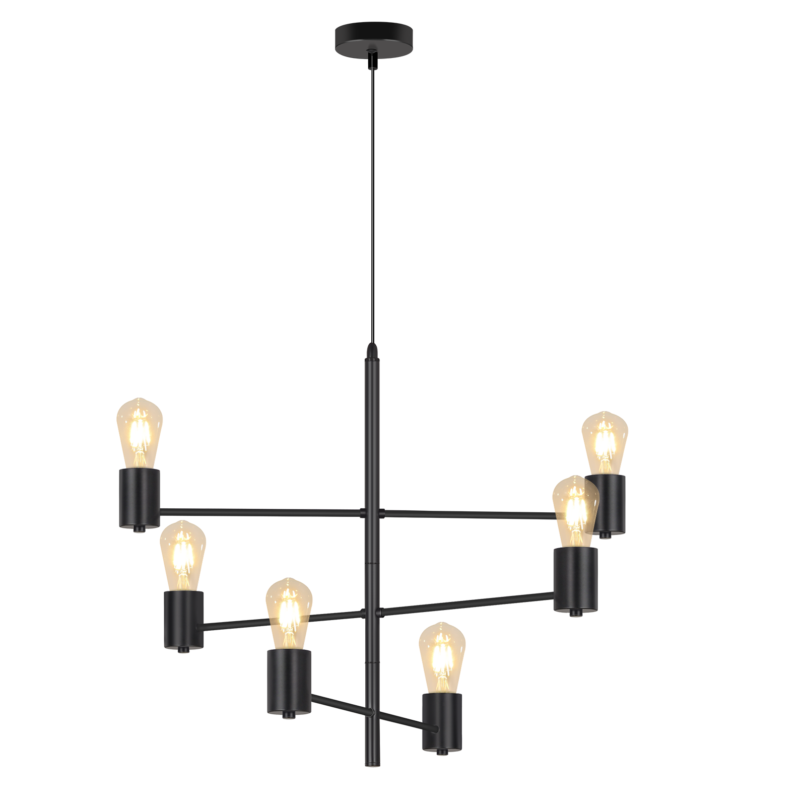 Czarny żyrandol z sześcioma żarówkami Edisona wiszącymi z czarnej konstrukcji.