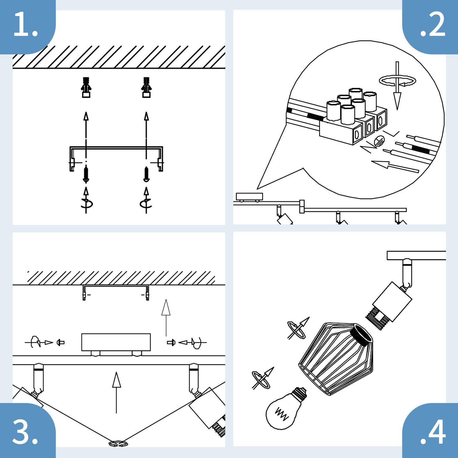 Quattro immagini che illustrano il processo di installazione di un'apparecchio di illuminazione.