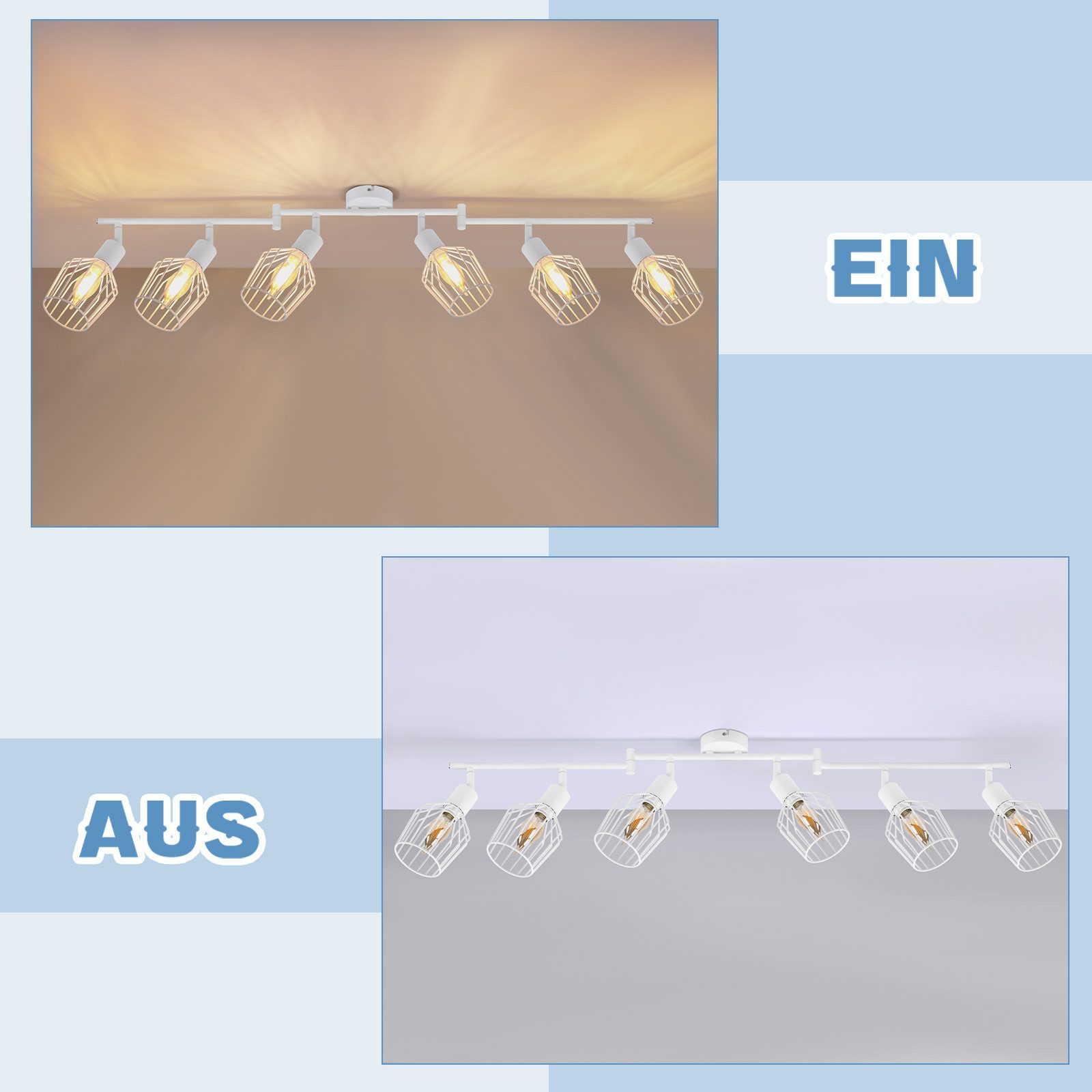 Binario luminoso bianco sul soffitto, con 'EIN' e 'AUS' che indicano gli stati acceso/spento.
