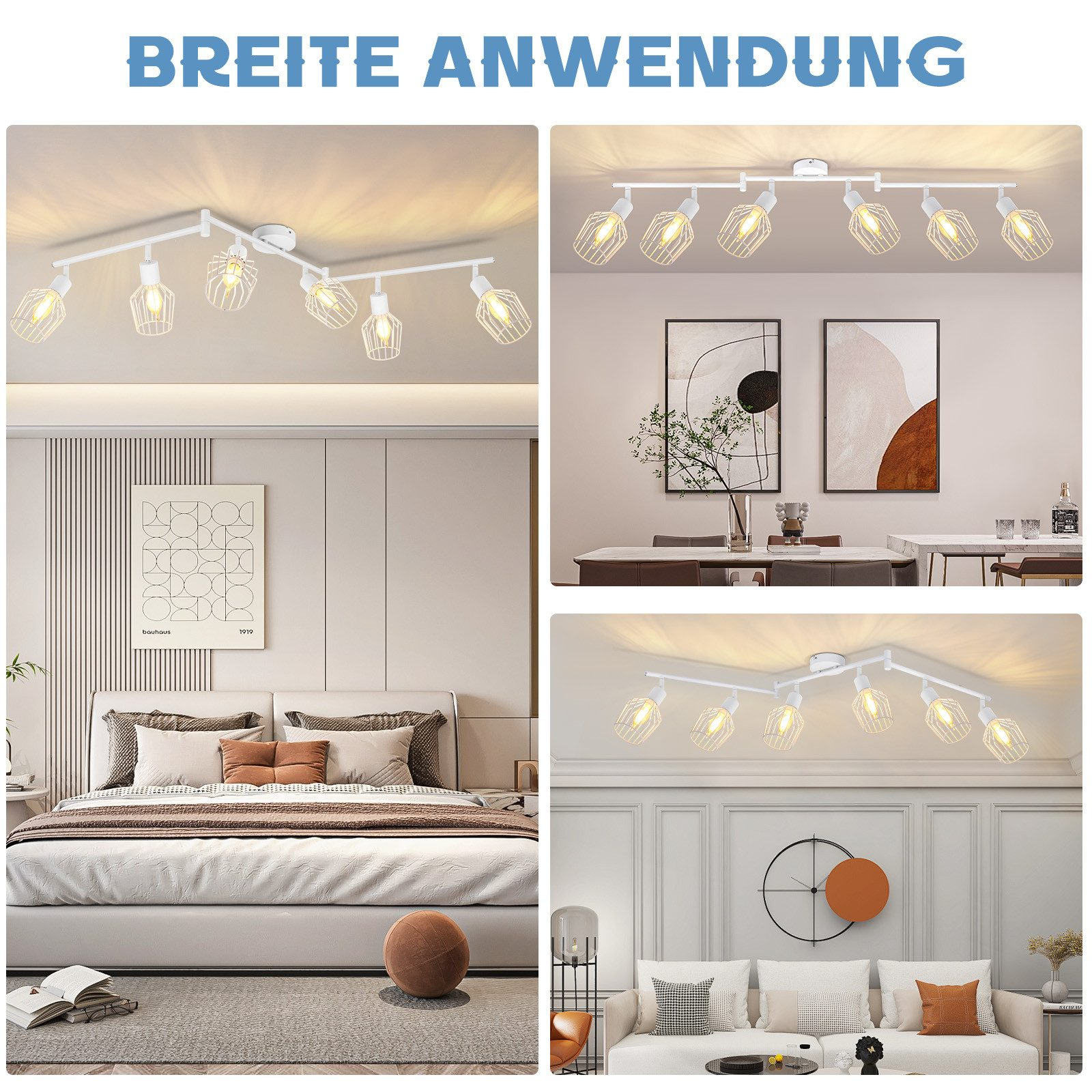 Scene multiple di illuminazione a binario bianca in diverse stanze. Viene mostrata un'ampia gamma di applicazioni.
