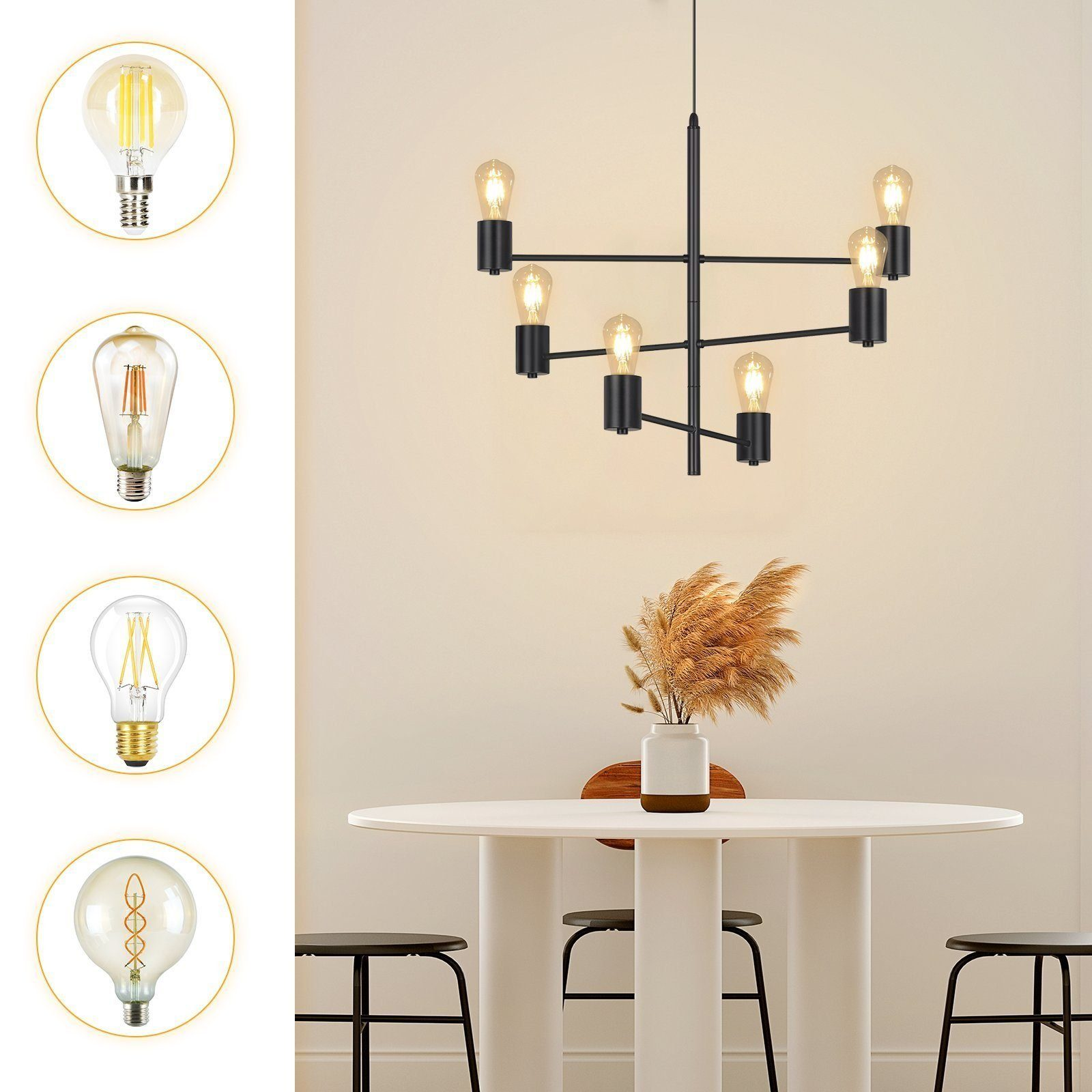 Żyrandol z kilkoma żarówkami i czterema różnymi rodzajami żarówek. Stół i krzesła.