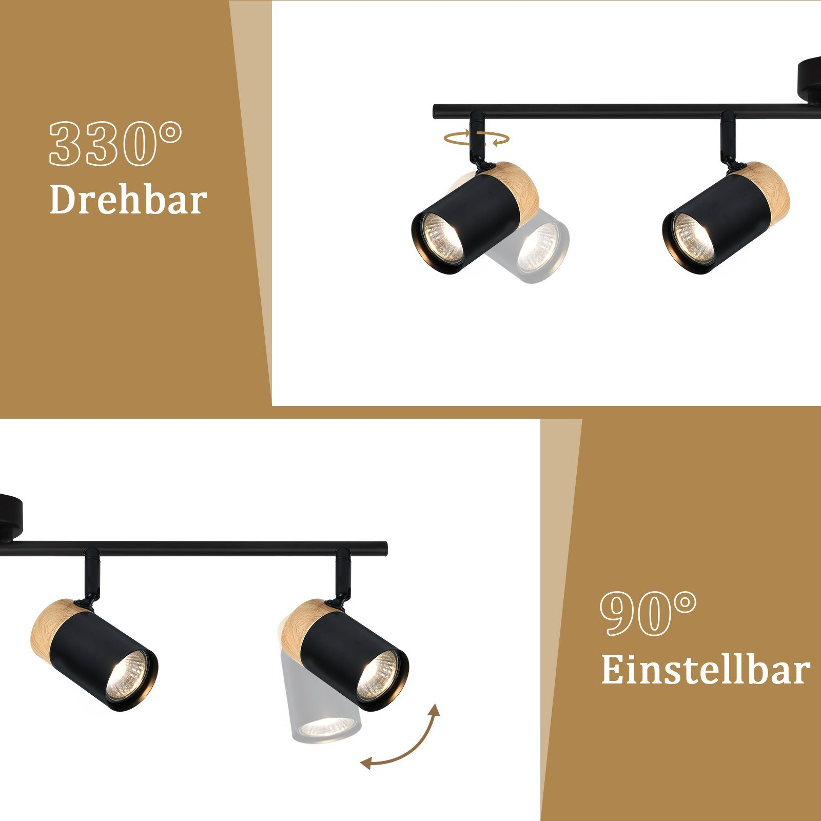 Illuminazione a binario regolabile con faretti neri e color legno, su sfondo neutro.