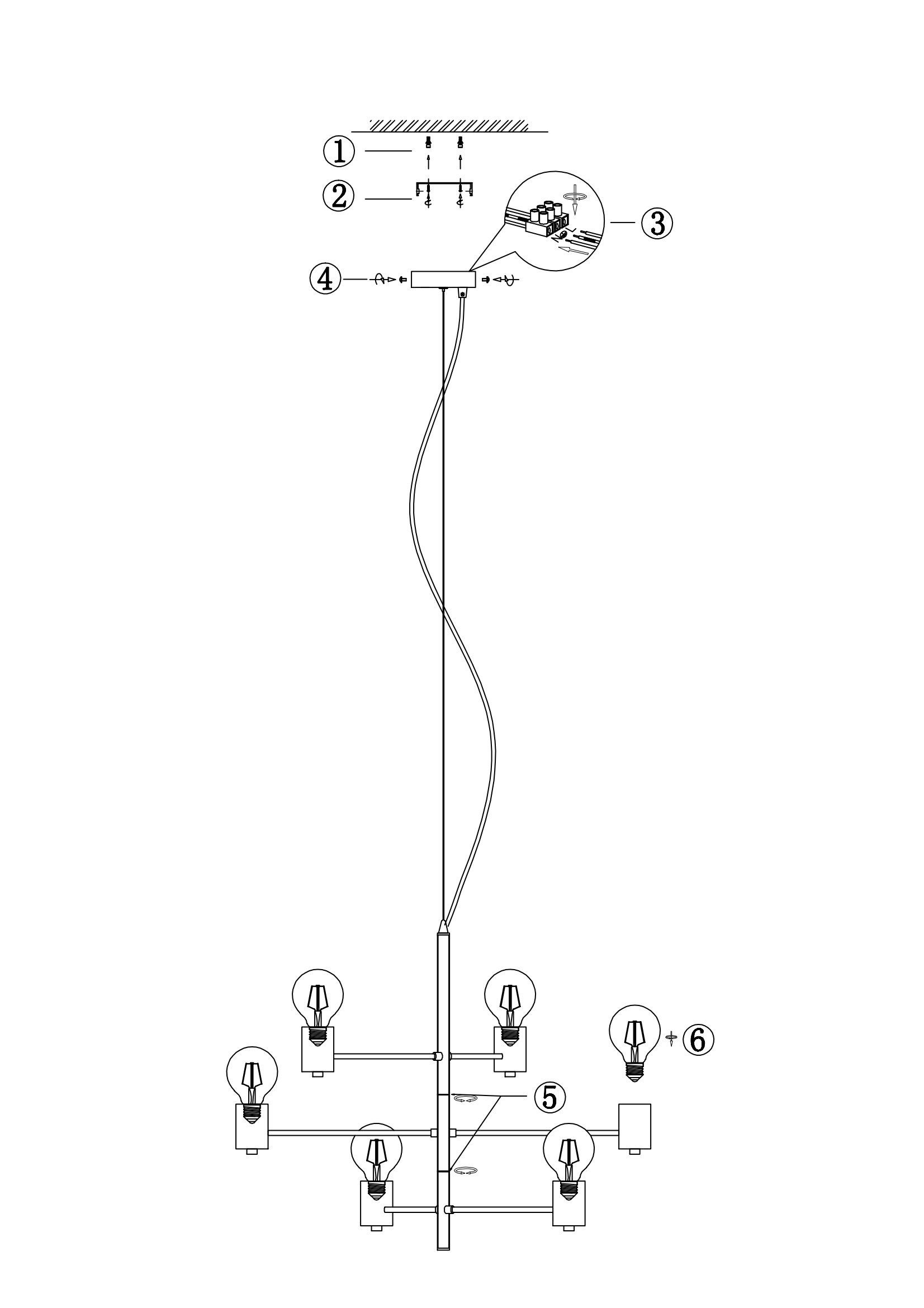 Schemat żyrandola. Pokazuje części i sposób ich połączenia. Szereg świateł zwisa z sufitu.