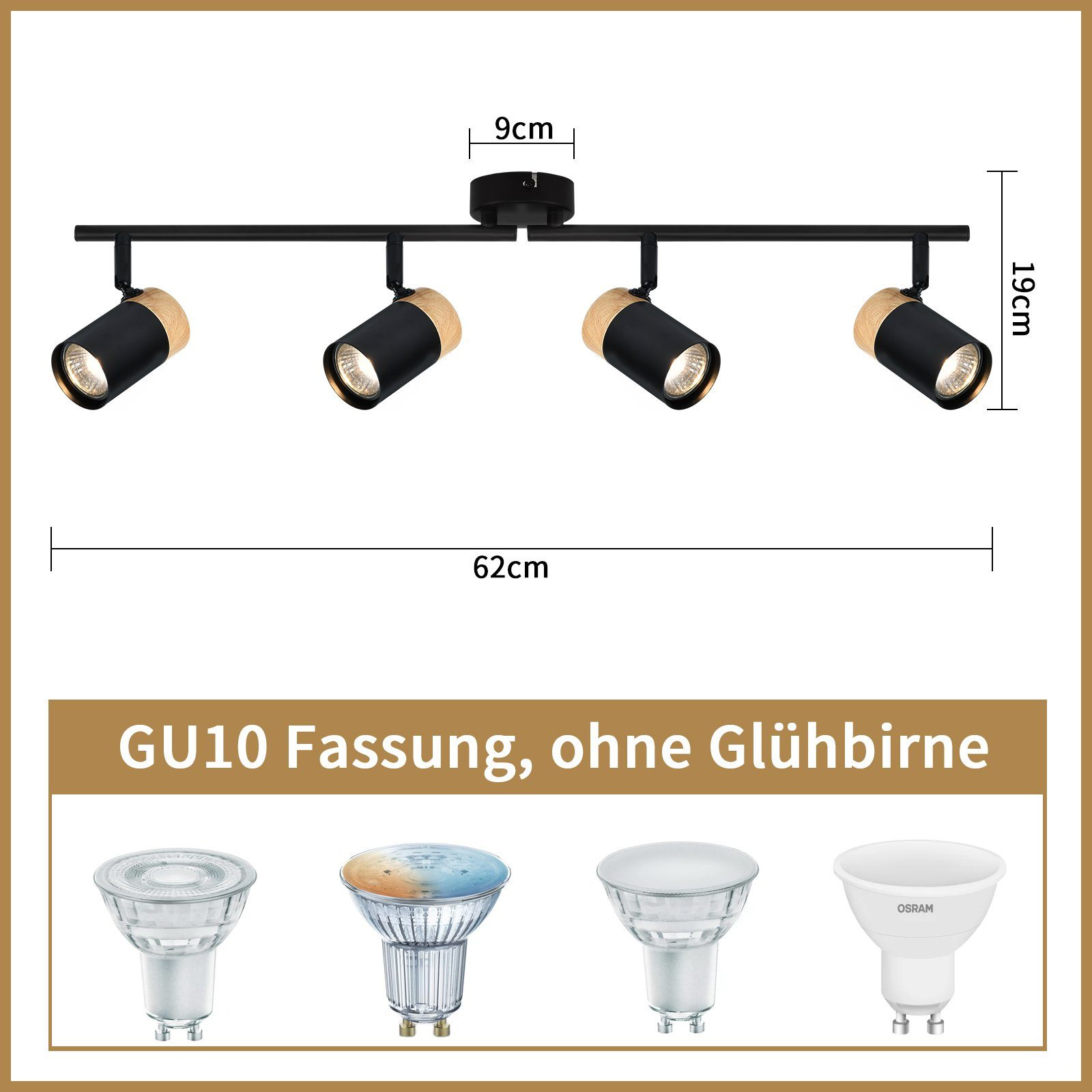 Un'immagine del prodotto che mostra un faretto con dimensioni e diversi tipi di lampadine GU10.