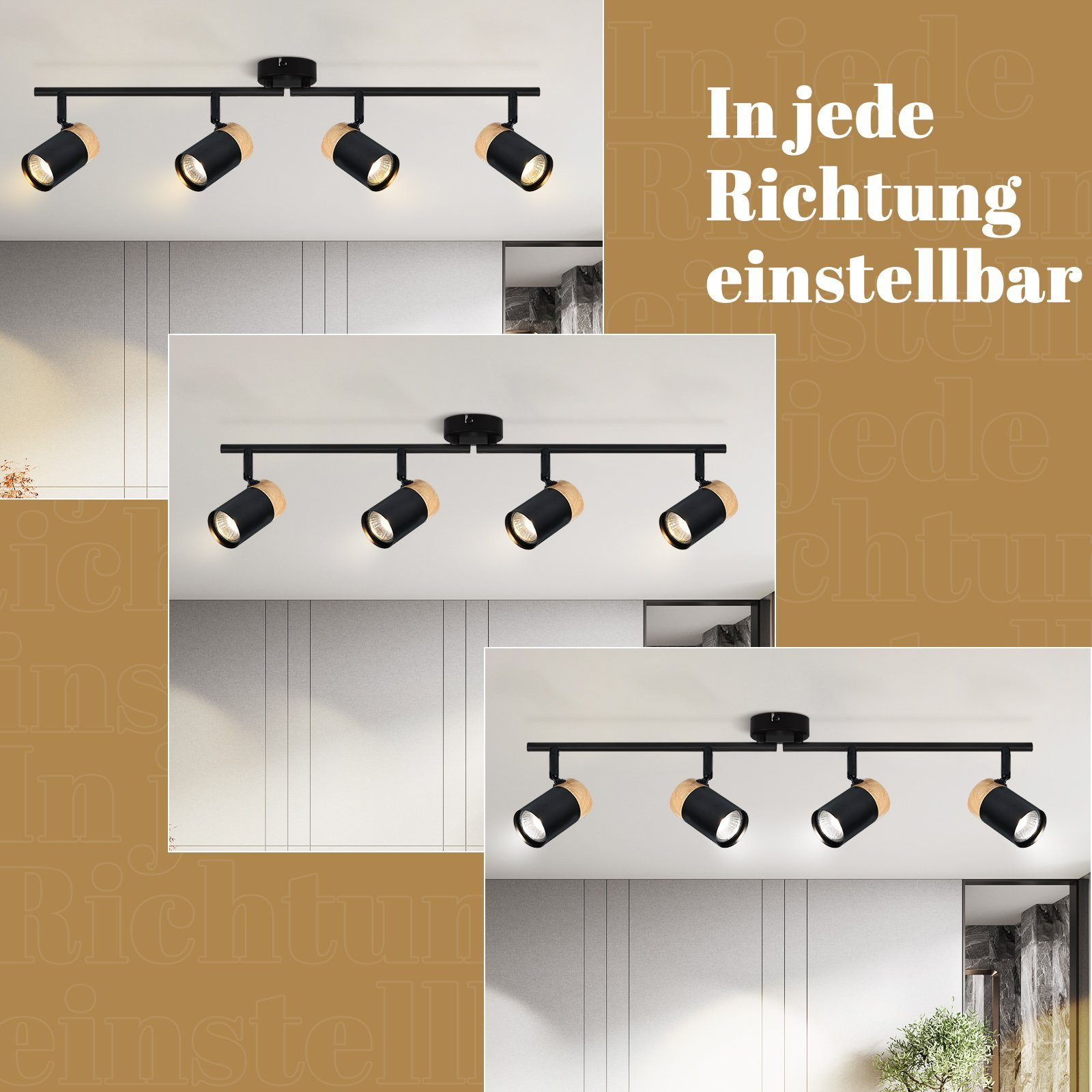 Immagini multiple di un sistema di illuminazione a binario nero con faretti regolabili, montati su un soffitto bianco.