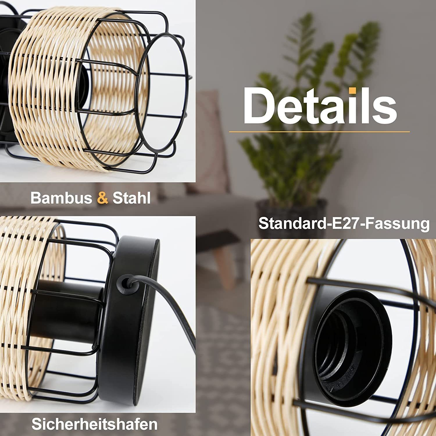 Szczegóły lampy z rattanowym kloszem i czarną metalową ramą. Zbliżenia.